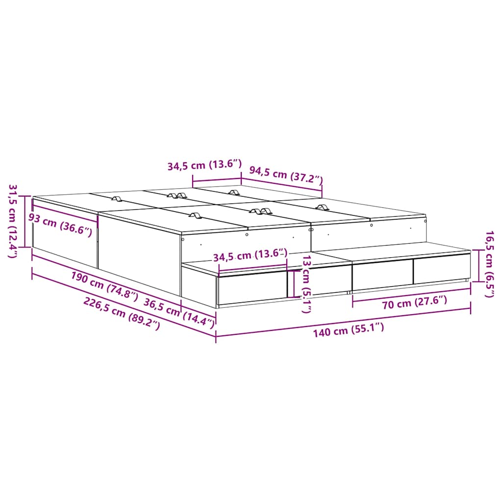 Krevet s ladicama Siva Sonoma 140 cm Konstruirano drvo