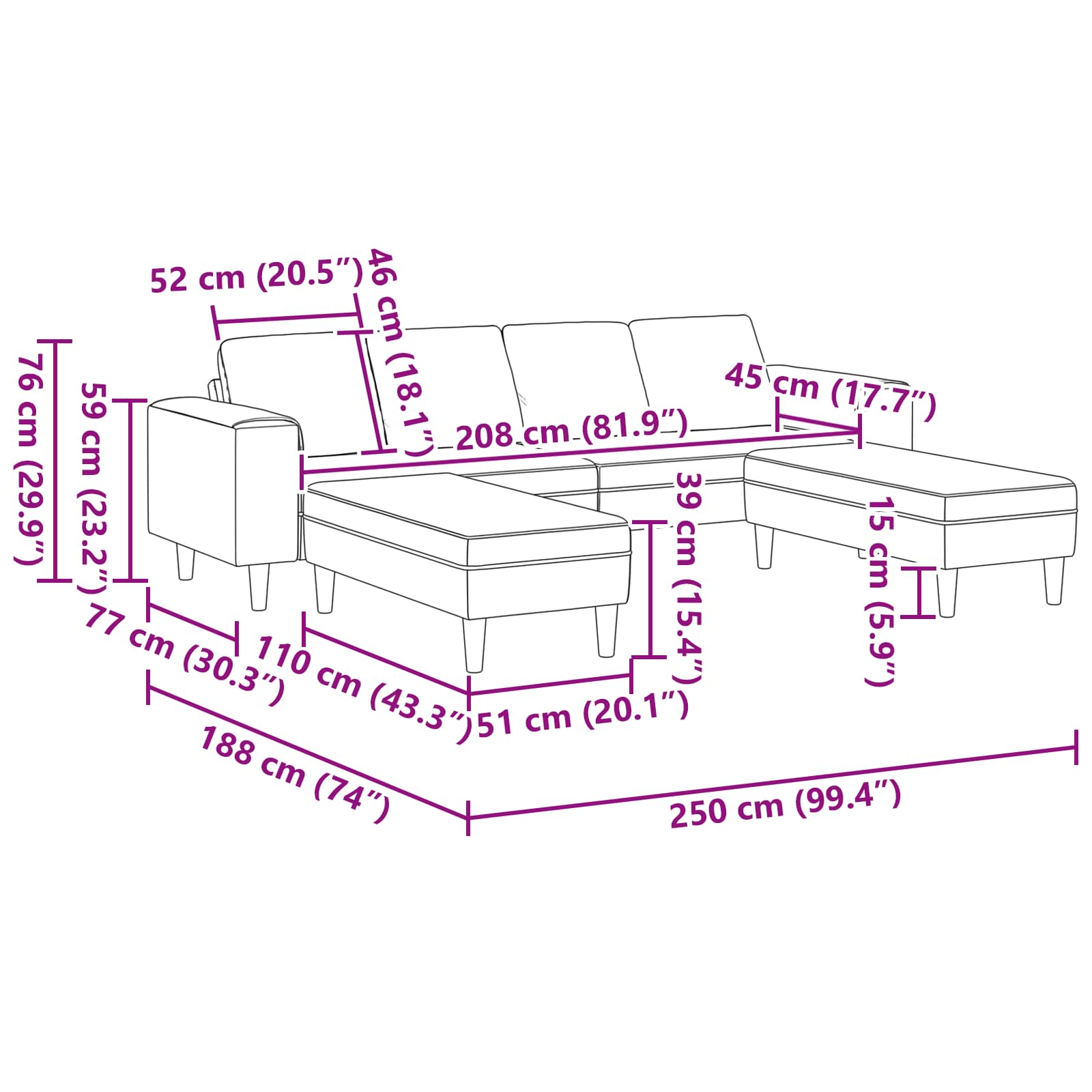Kauč za dnevni boravak 3 pcs Crna 250 x 188 x 76 cm