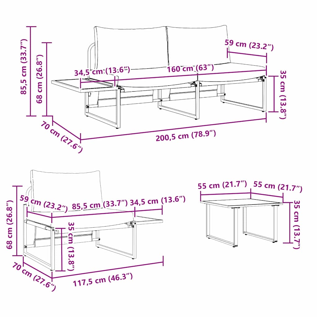 Vrtni set za objed 3 pcs Antracit Čelik