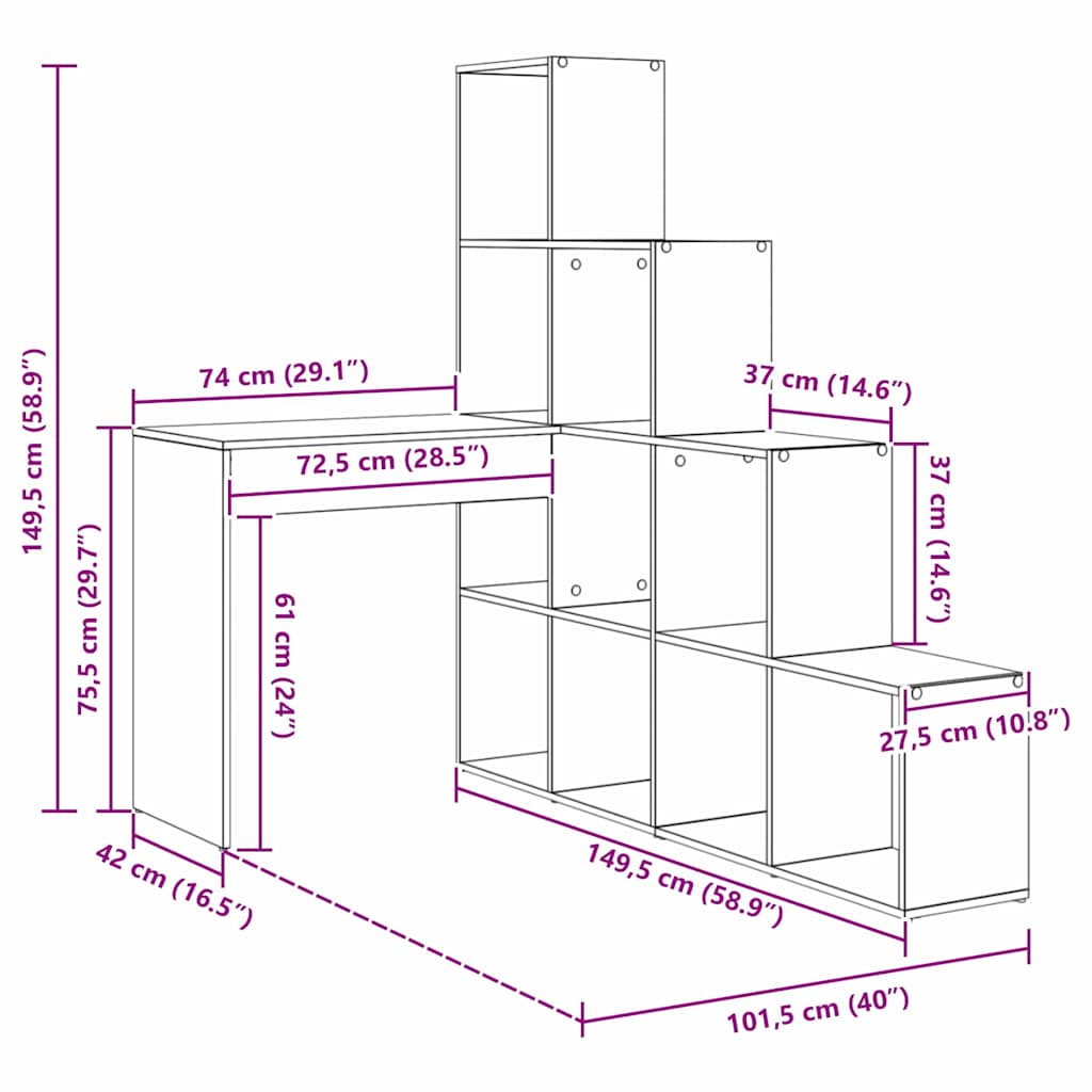 Kutni stol s policom Crni hrast 101,5 x 149,5 x 149,5 cm