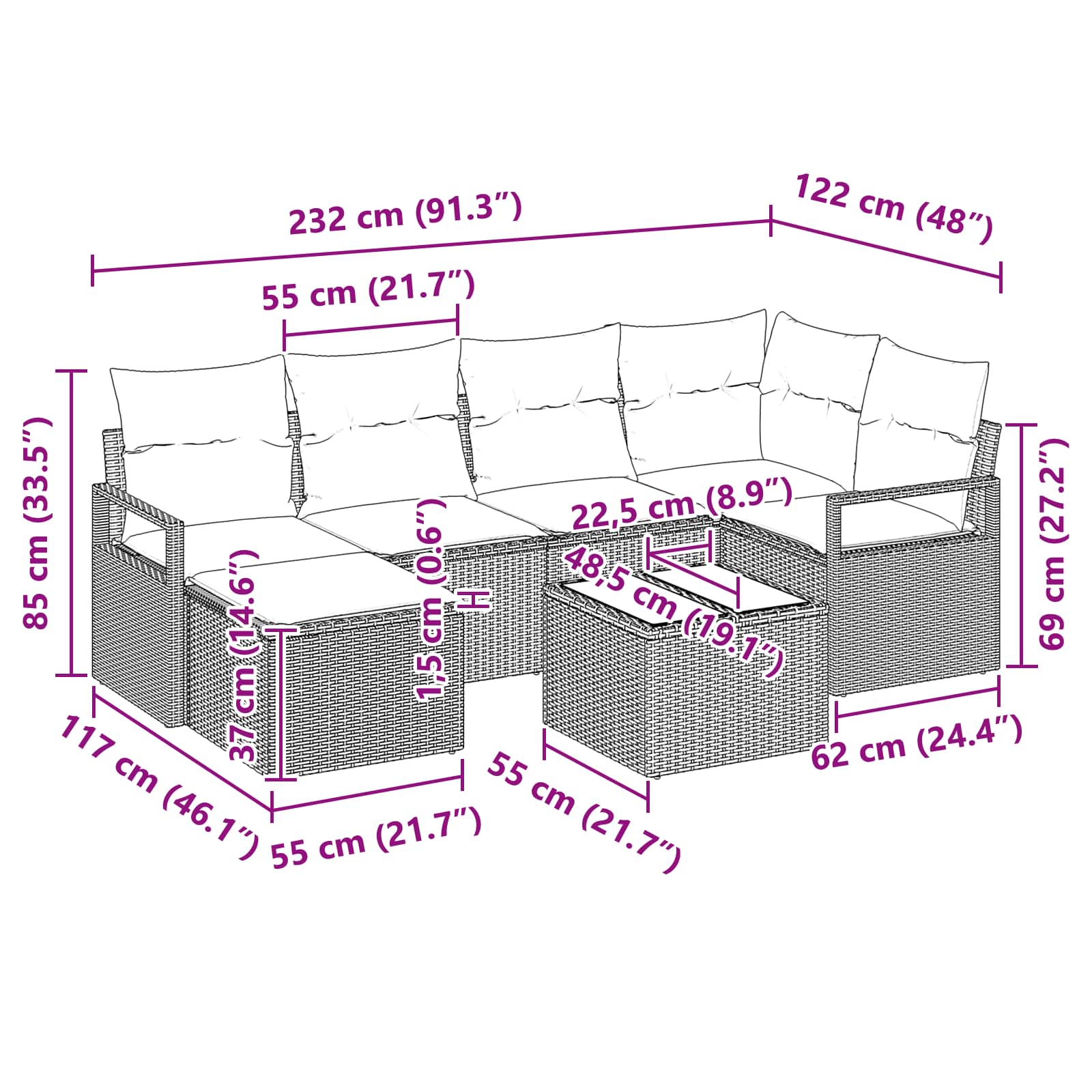 Set sofe s jastukom 7 pcs Crna poliratan
