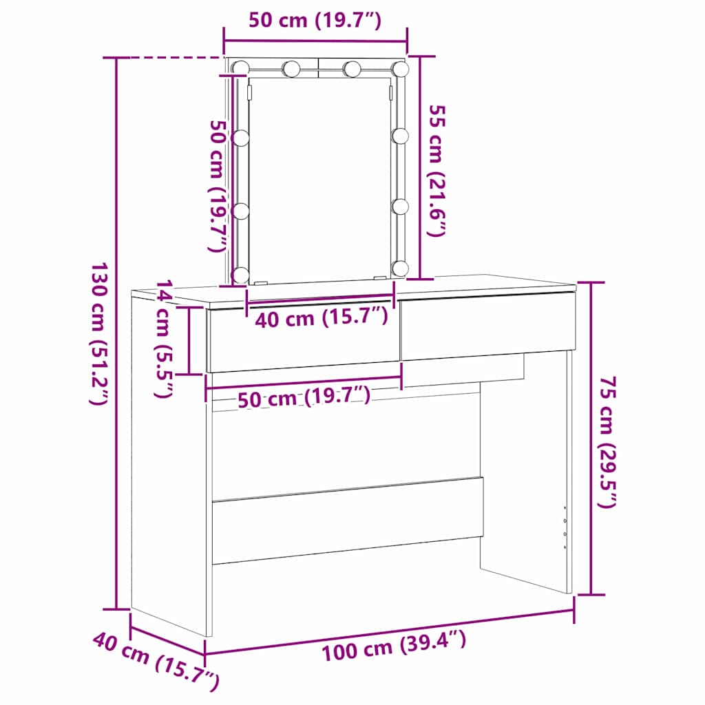 Toaletni stol s ladicama Umjetnički hrast 100 x 40 x 130 cm