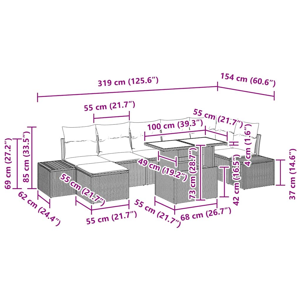 Sjedeća garnitura za vrt s jastukom 8 pcs Crna i krem