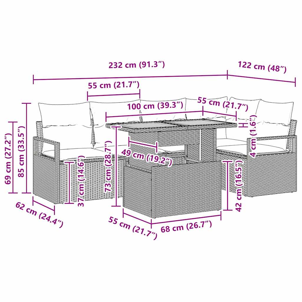 Vrtni set za objed s jastukom 6 pcs Bež i siva
