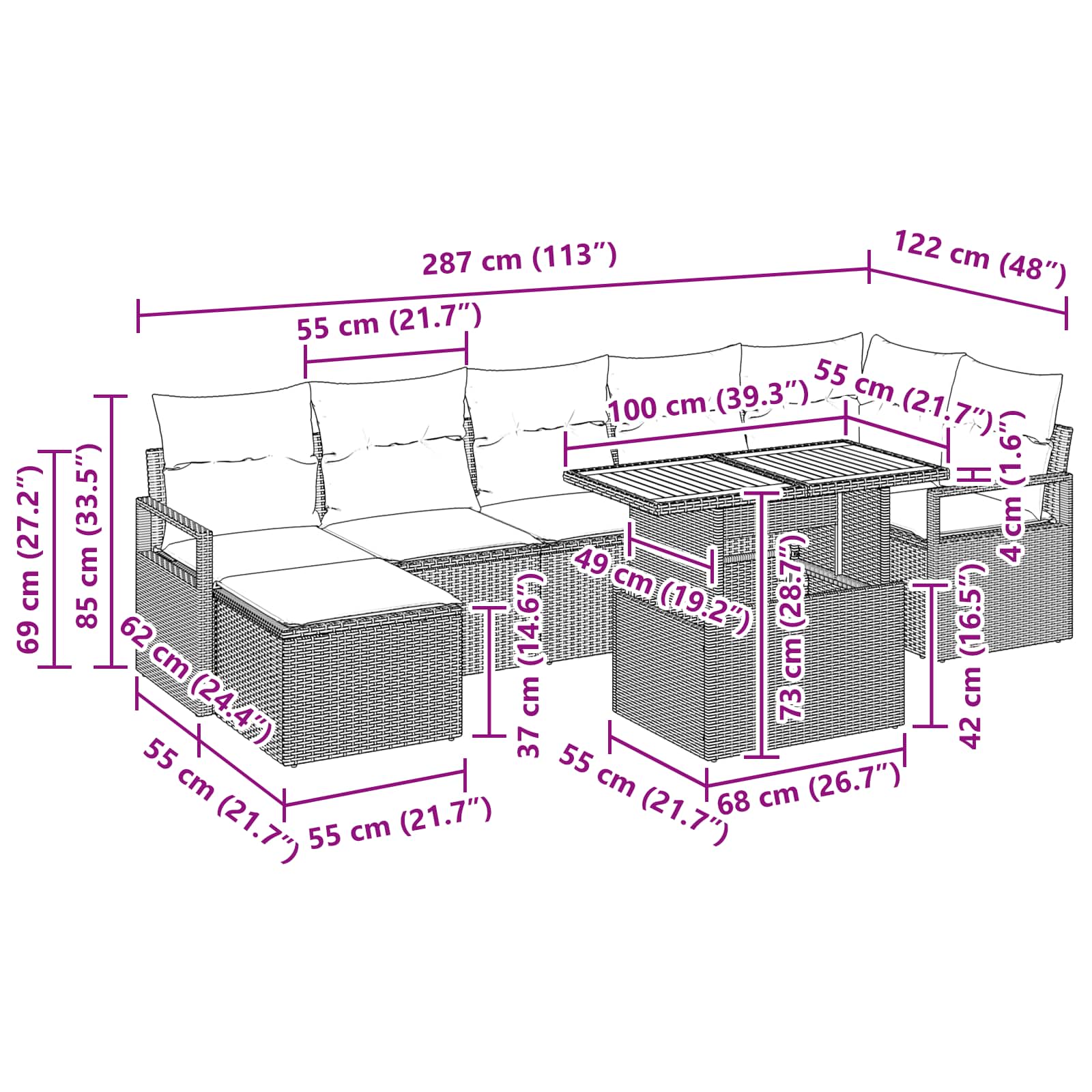 Vrtni set za objed s jastukom 8 pcs Crna i Plavozelena
