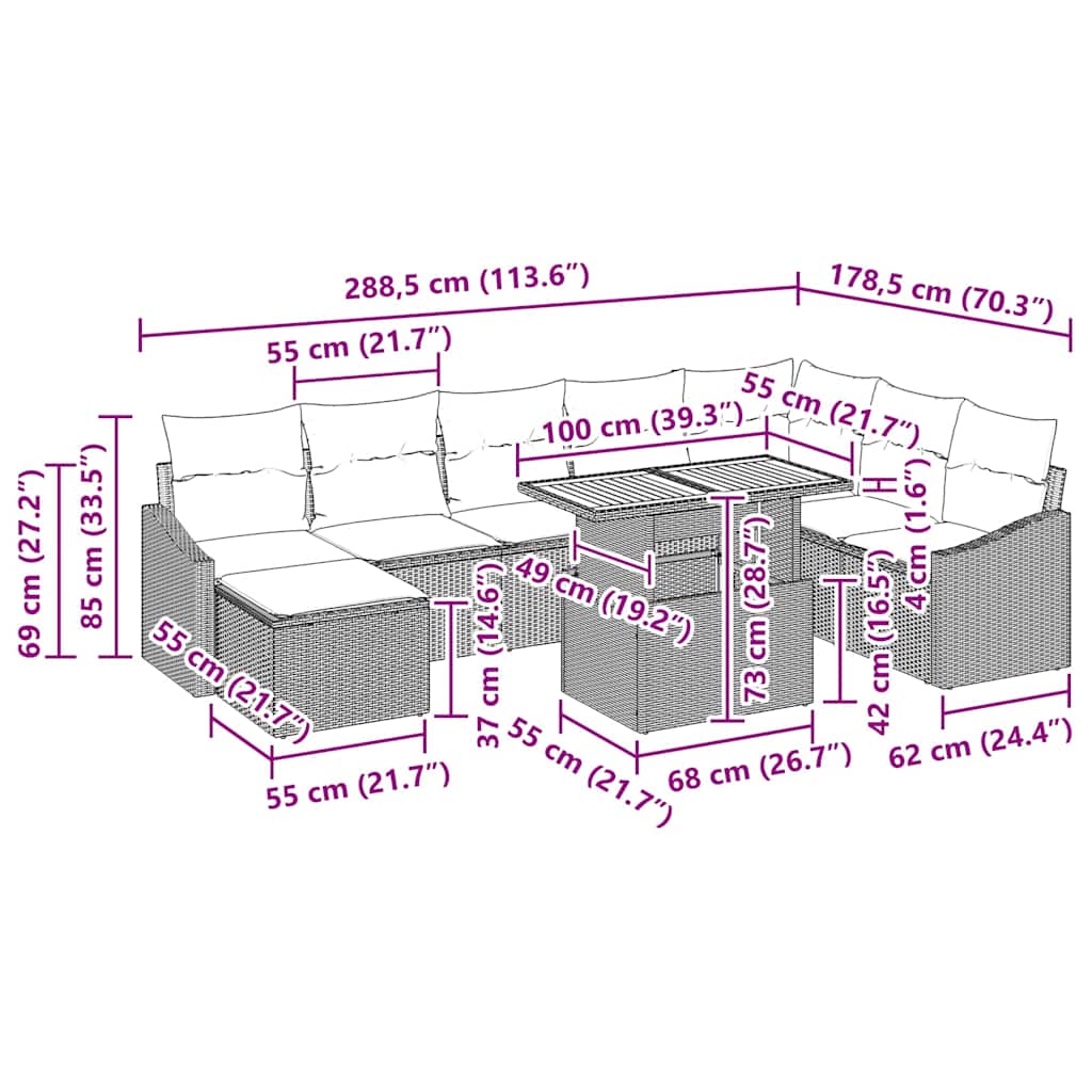 Vrtni set za objed s jastukom 9 pcs Bež i siva