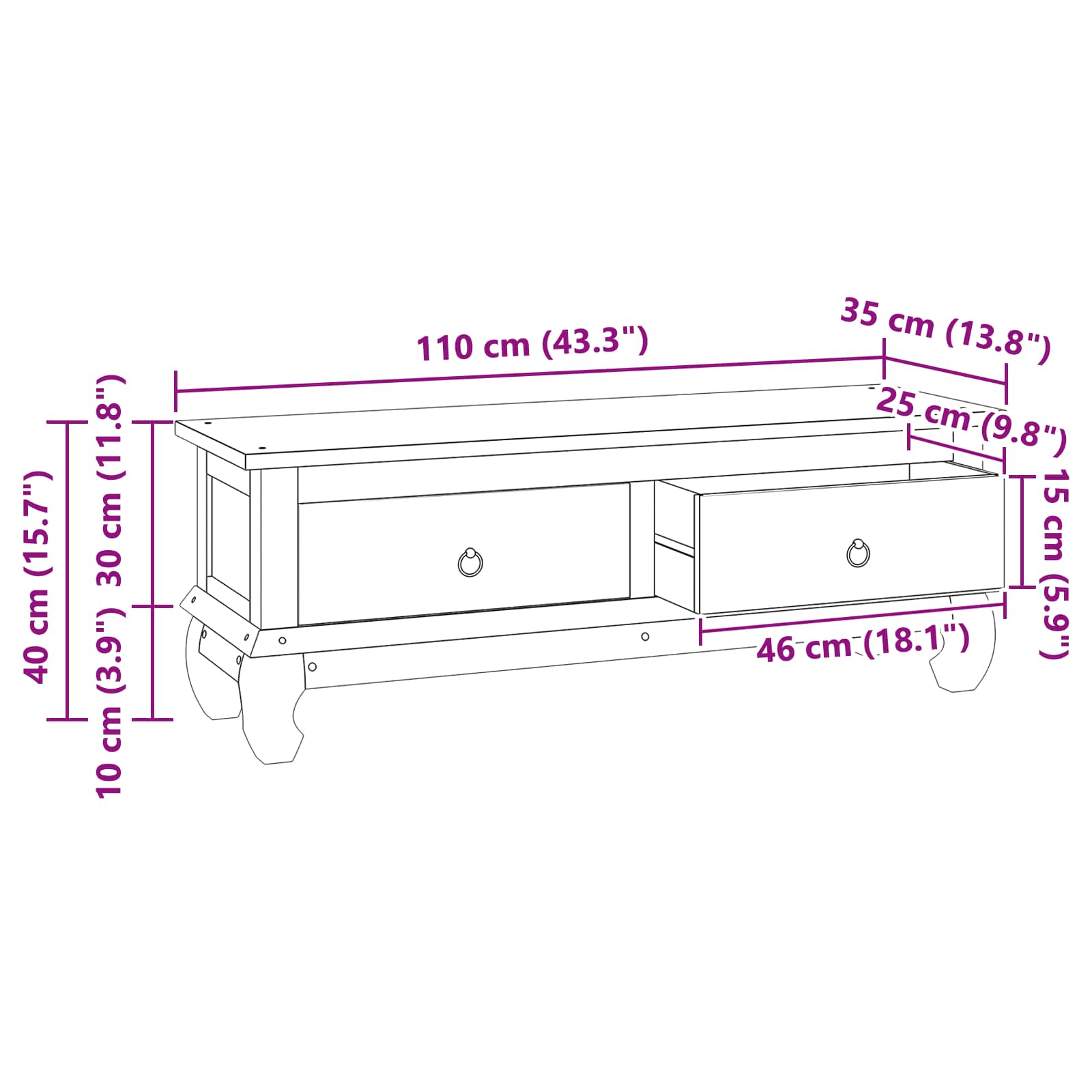 TV stalak s ladicama Prirodna 110 x 35 x 40 cm Čvrsto teak drvo