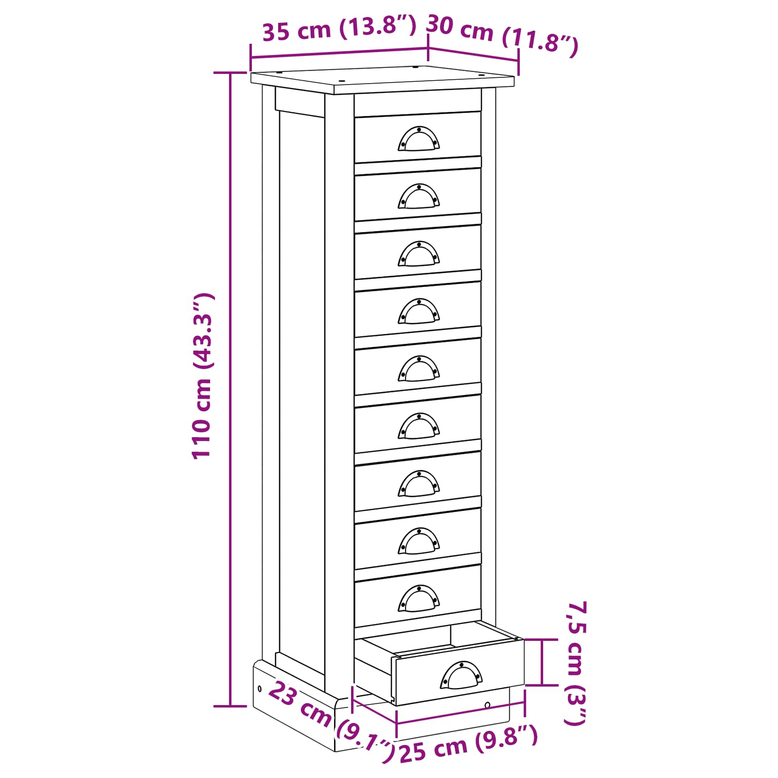 Komoda s ladicama Prirodna 35 x 30 x 110 cm Čvrsto teak drvo