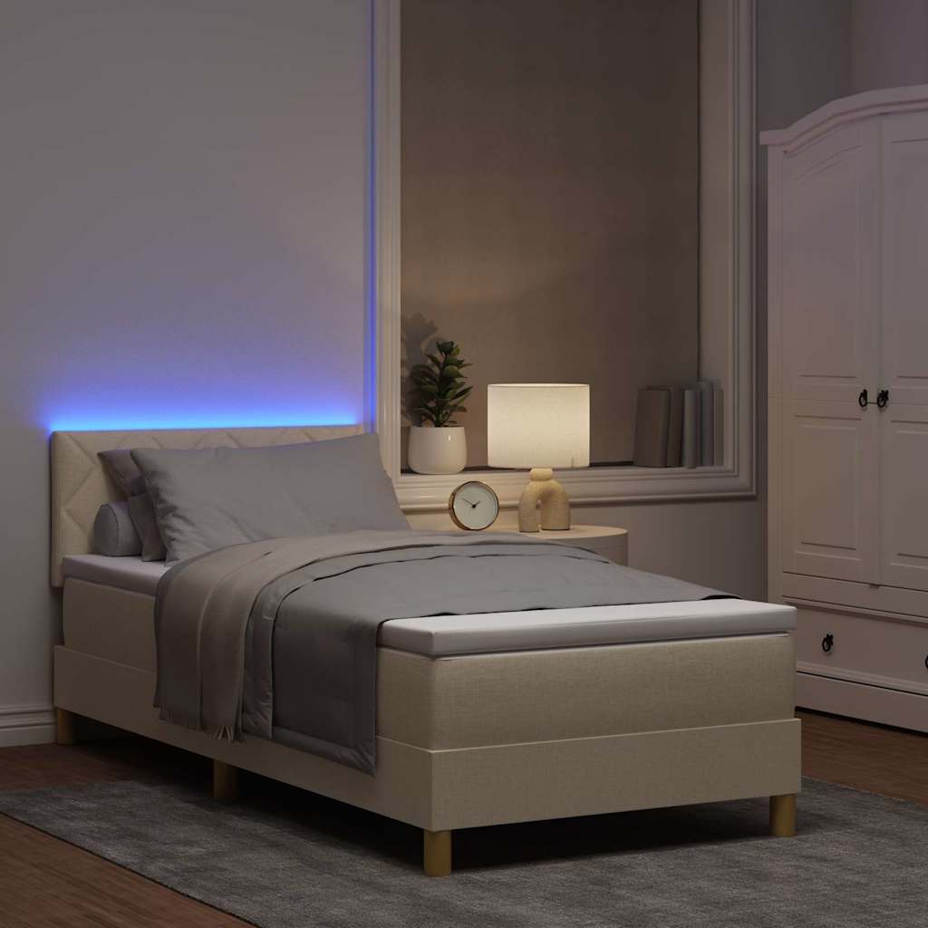 LED Box Spring Krevet s LED trakama Krema 90 x 200 cm tkanina