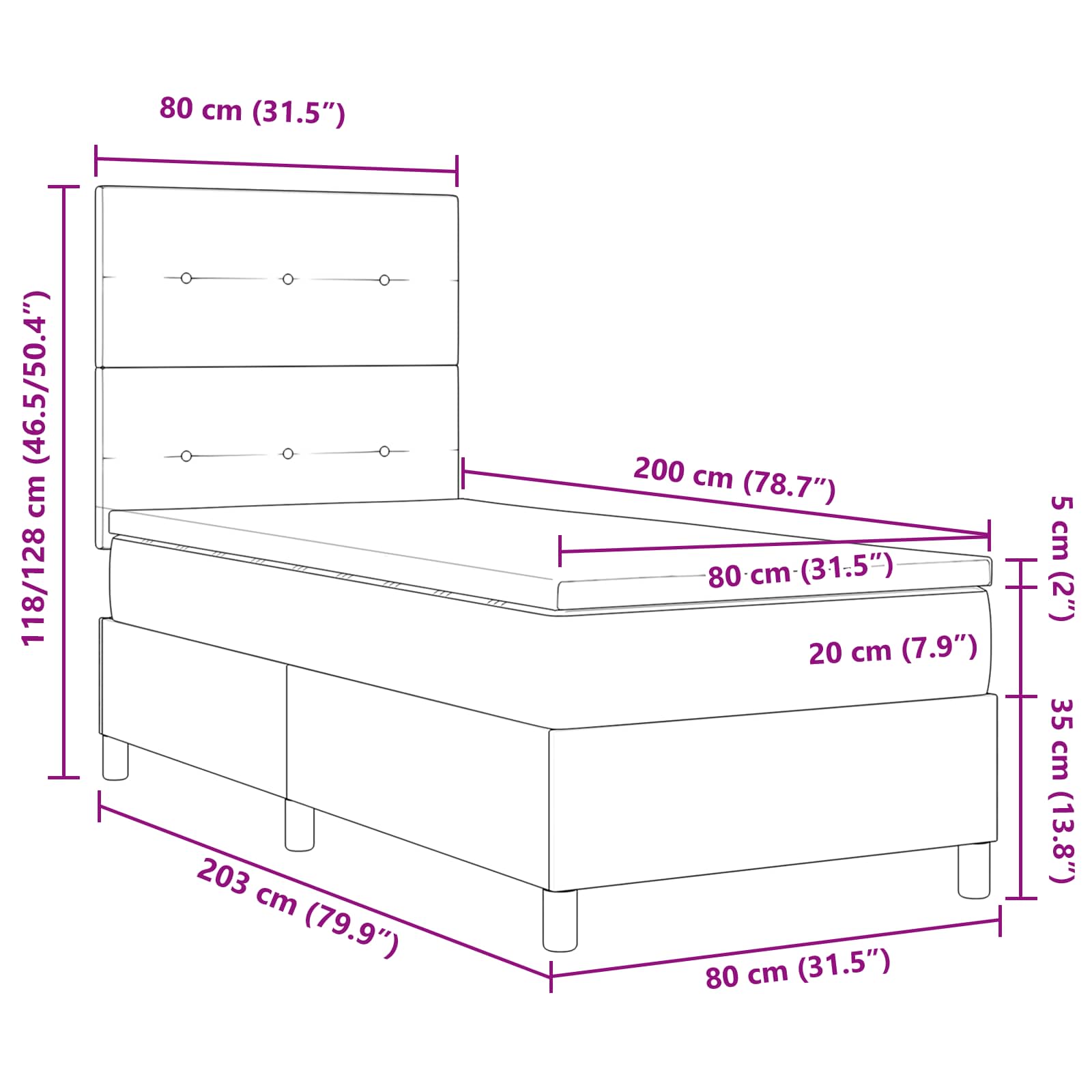 Krevet s opruga kutije Tamno siva 80 x 200 cm tkanina