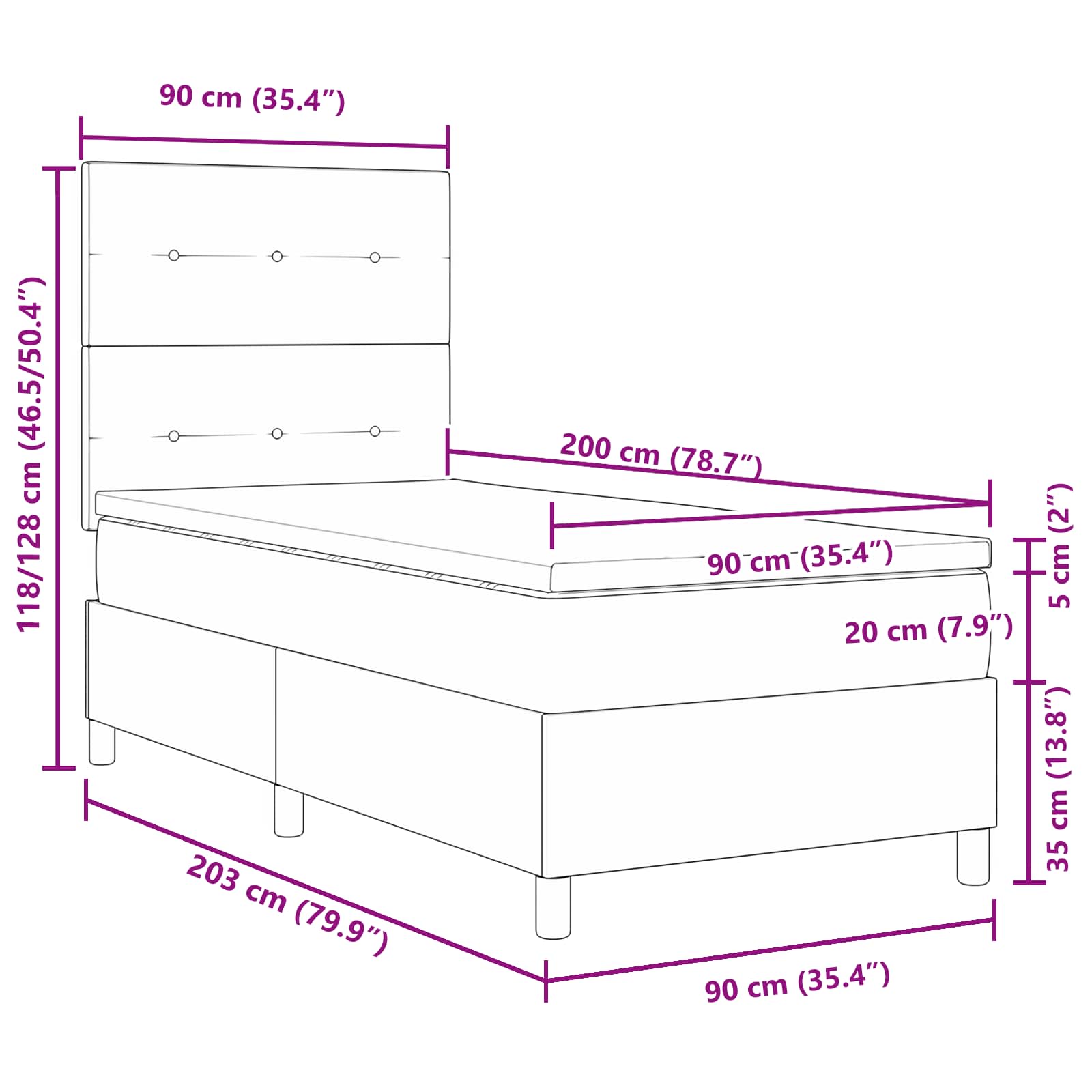Krevet s opruga kutije s LED trakama Crna 90 x 200 cm tkanina