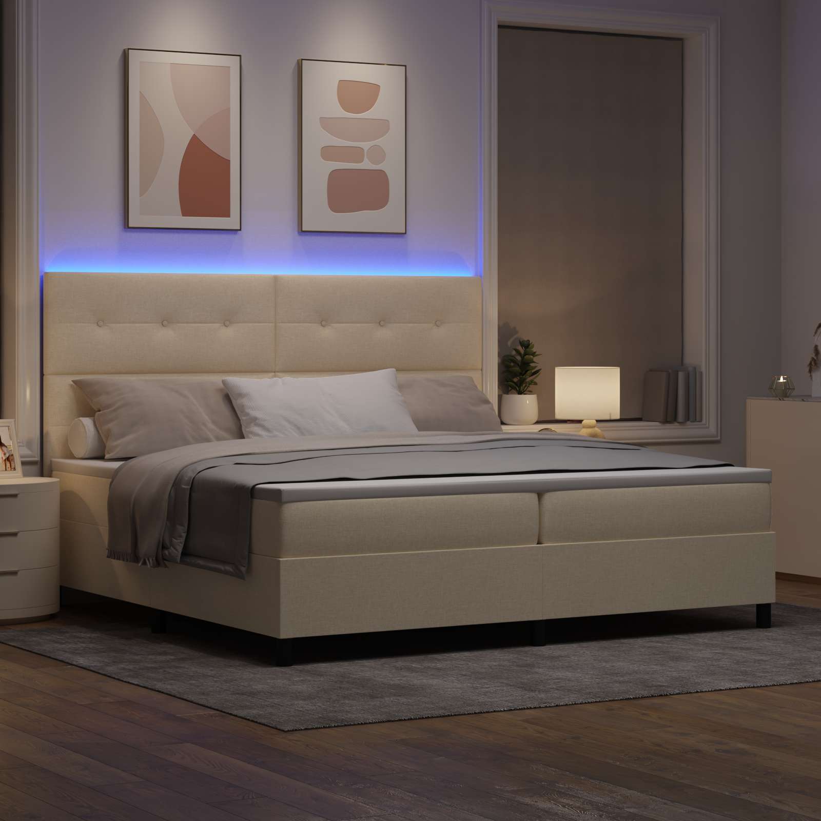 Krevet s opruga kutije s LED trakama Krema 200 x 200 cm tkanina