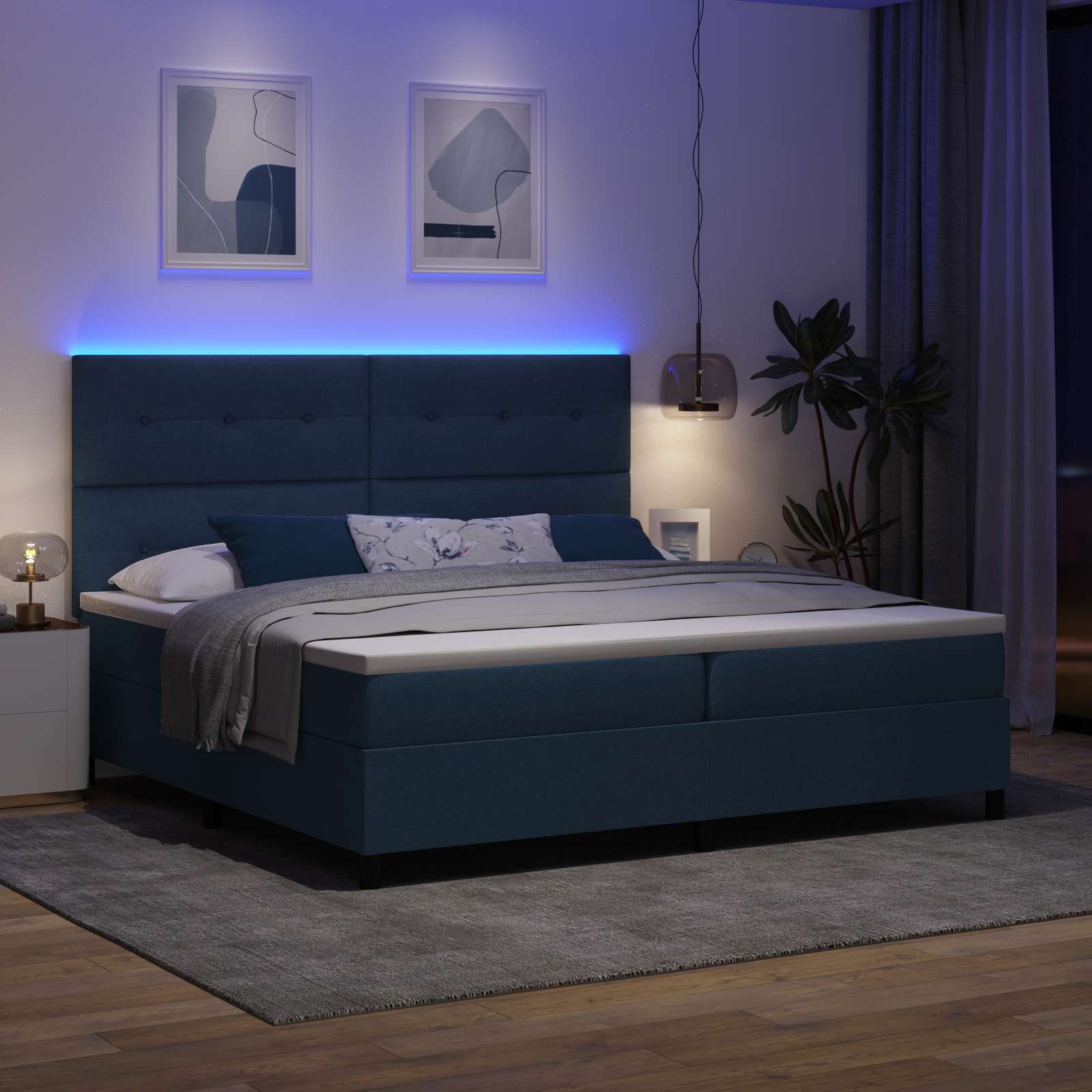 Krevet s opruga kutije s LED trakama Plava 200 x 200 cm tkanina