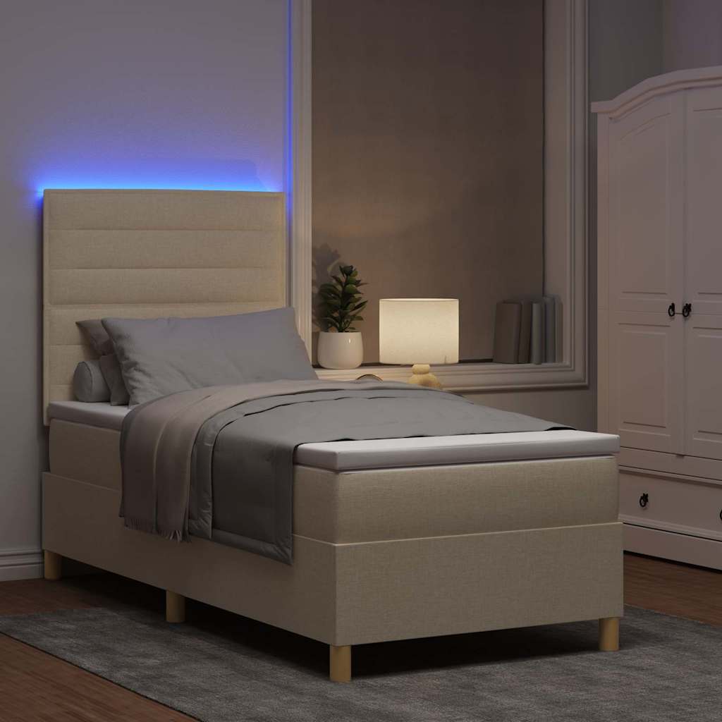 LED Box Spring Krevet s madracem Krema 90 x 190 cm tkanina