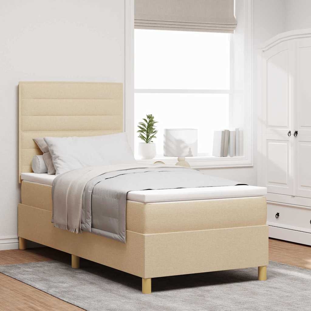 LED Box Spring Krevet s madracem Krema 90 x 200 cm tkanina