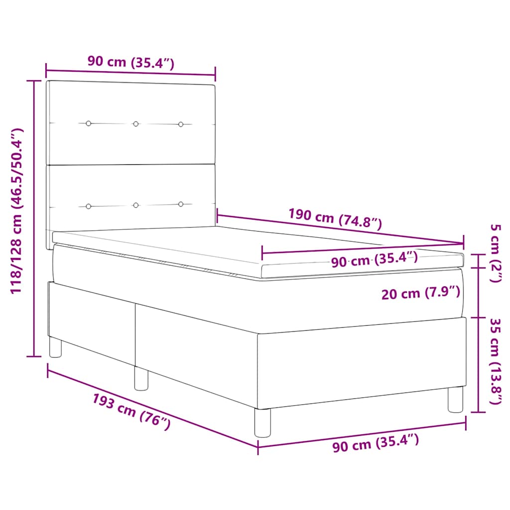 LED Box Spring Krevet Svijetlo siva 90 x 190 cm tkanina