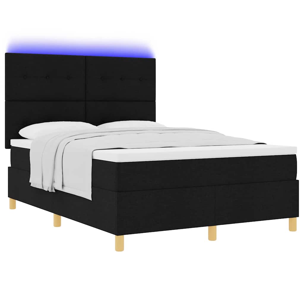 LED Box Spring Krevet s madracem Crna 140 x 190 cm tkanina