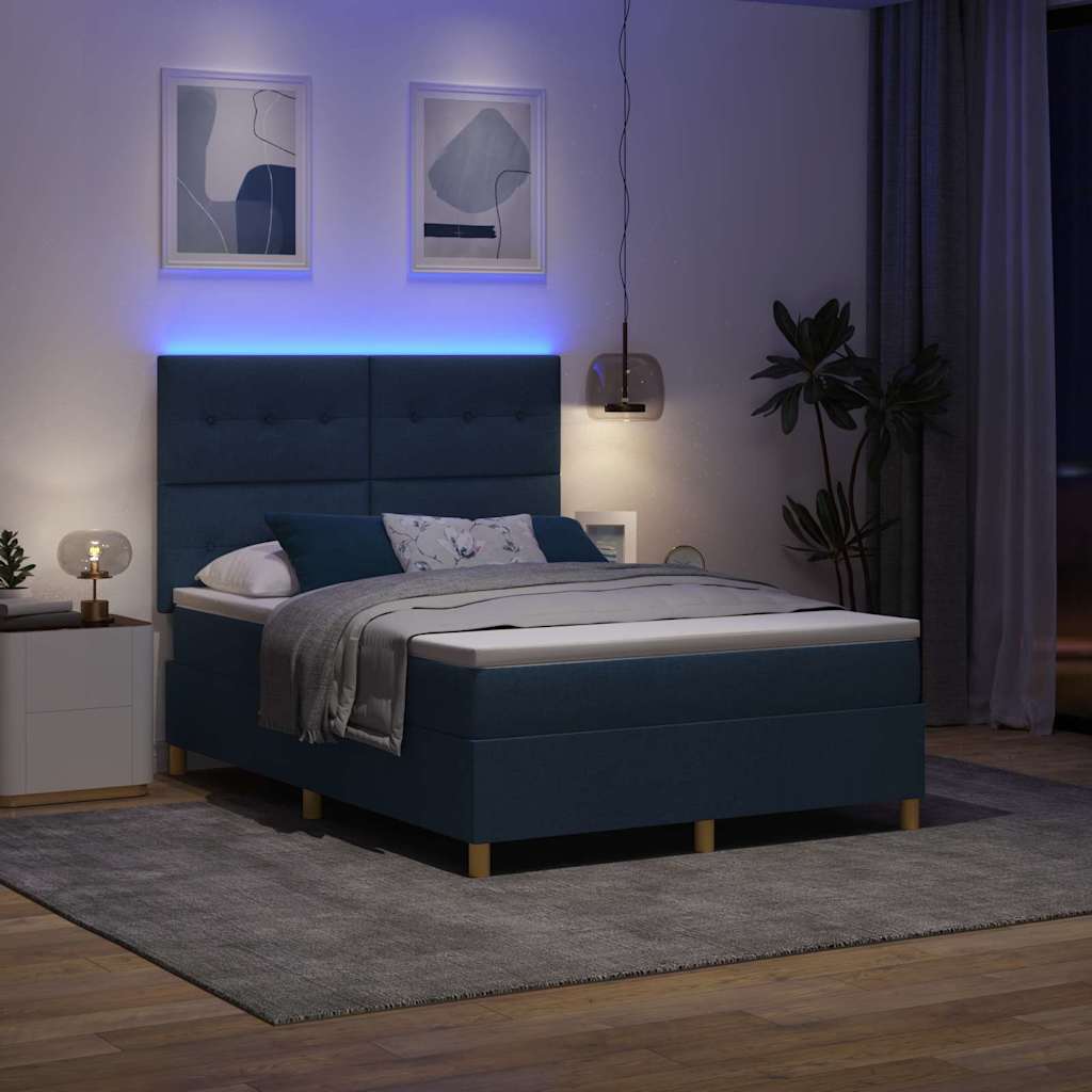LED Box Spring Krevet s madracem Plava 140 x 200 cm tkanina