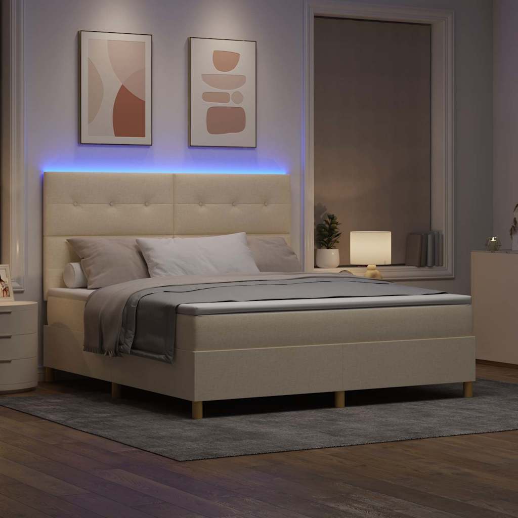 LED Box Spring Krevet s madracem Krema 180 x 200 cm tkanina
