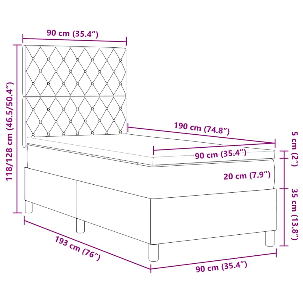 LED Box Spring Krevet s madracem Tamno plava 90 x 190 cm Baršun