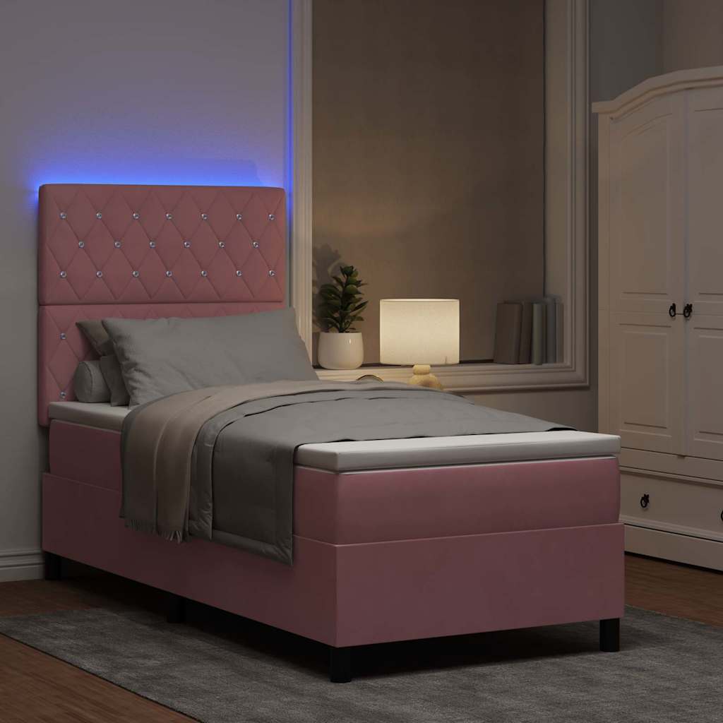 LED Box Spring Krevet s madracem Ružičasta 90 x 190 cm Baršun