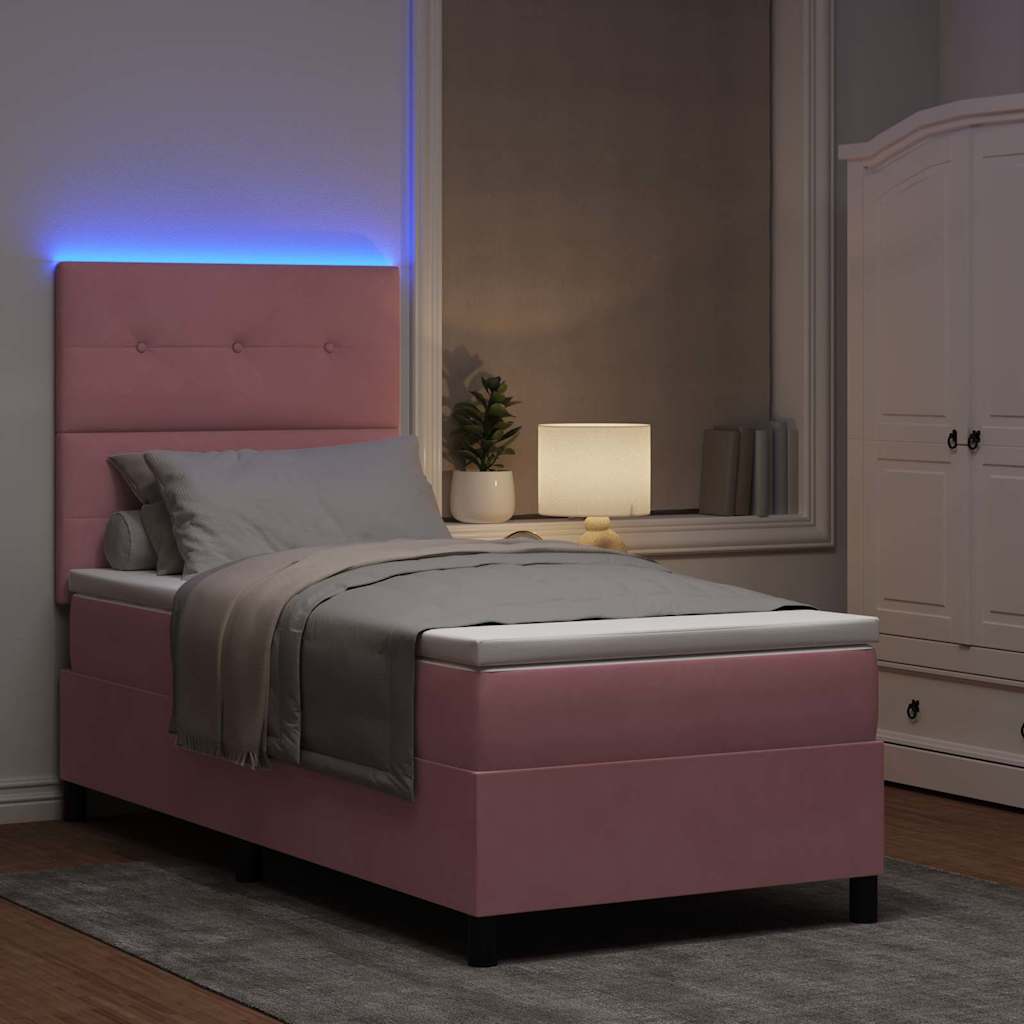 LED Box Spring Krevet Ružičasta 100 x 200 cm Baršun