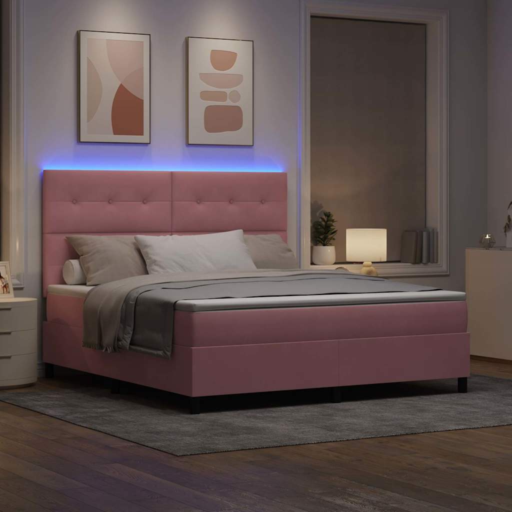 LED Box Spring Krevet s madracem Ružičasta 180 x 200 cm Baršun