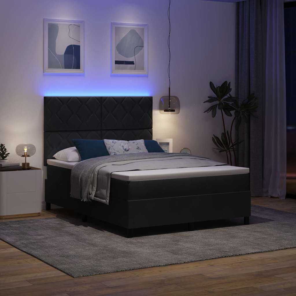 LED Box Spring Krevet s madracem Crna 140 x 190 cm Baršun