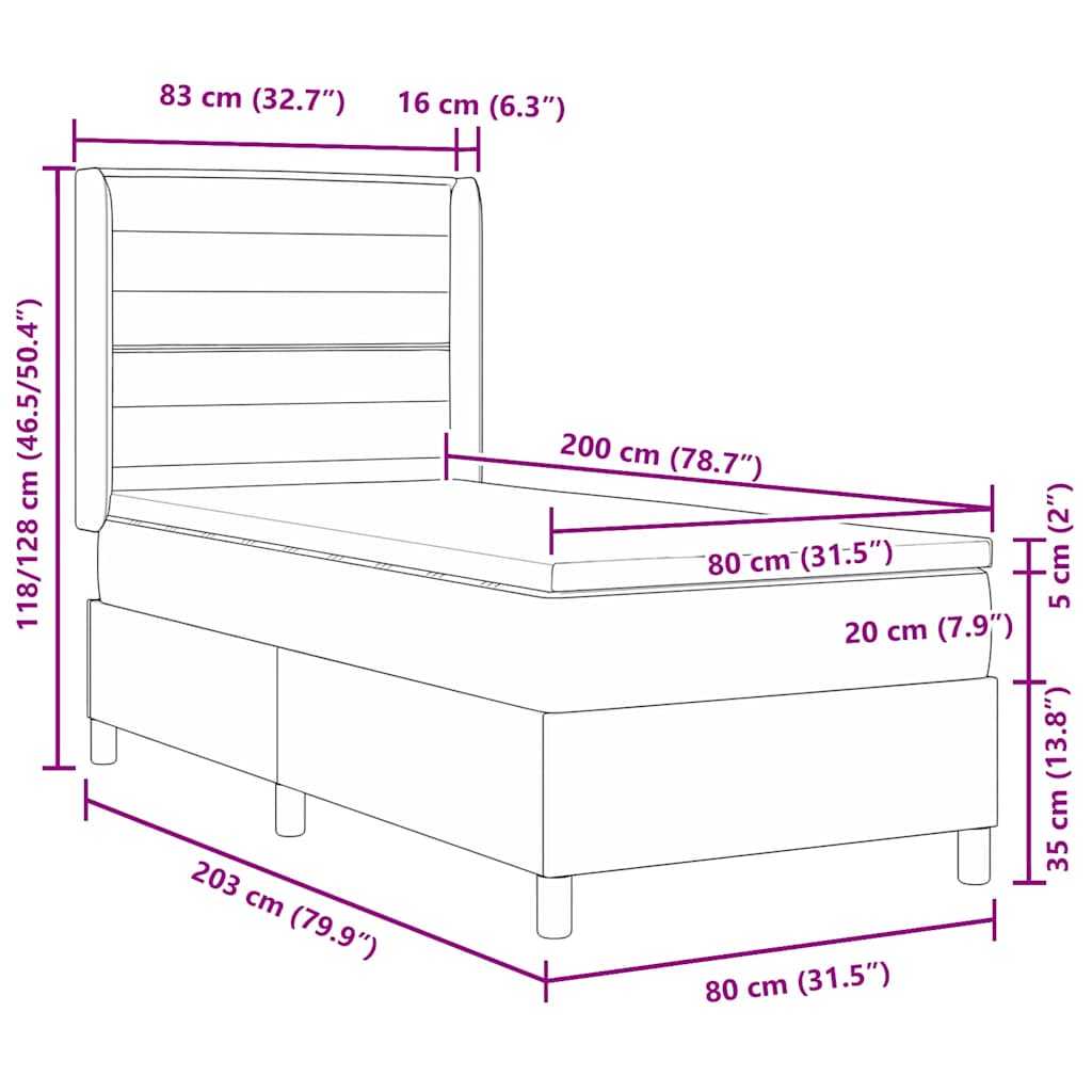 LED Box Spring Krevet s madracem Tamno siva 80 x 200 cm tkanina