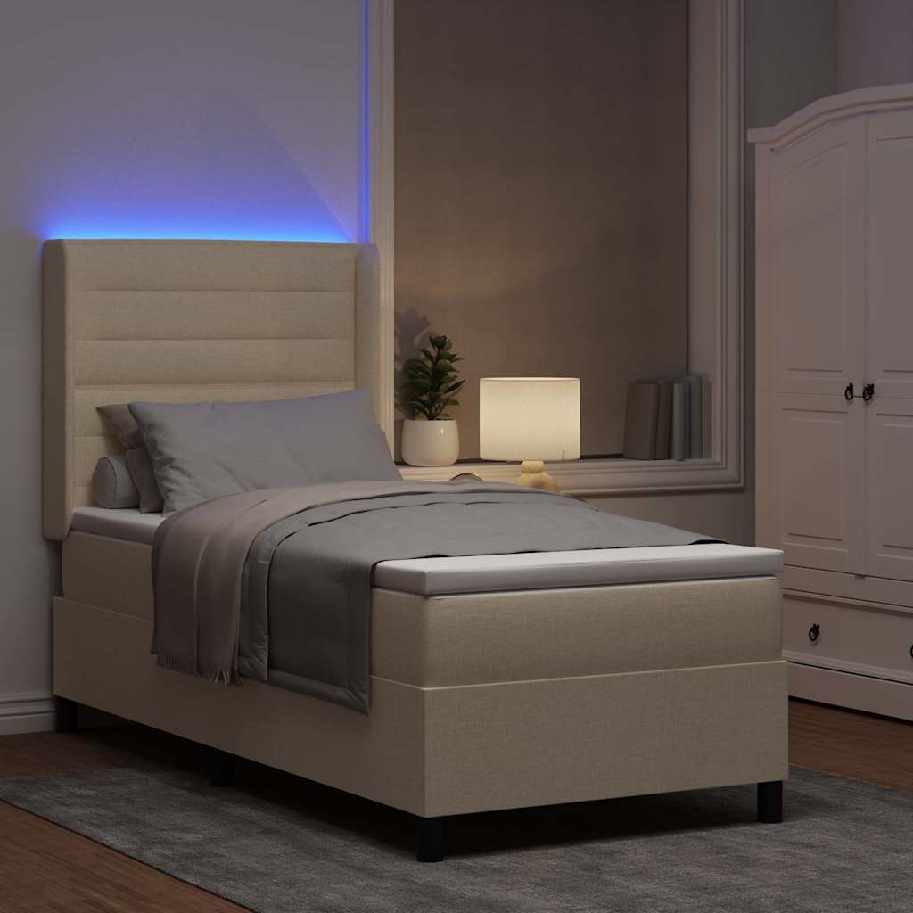 LED Box Spring Krevet s madracem Krema 90 x 200 cm tkanina
