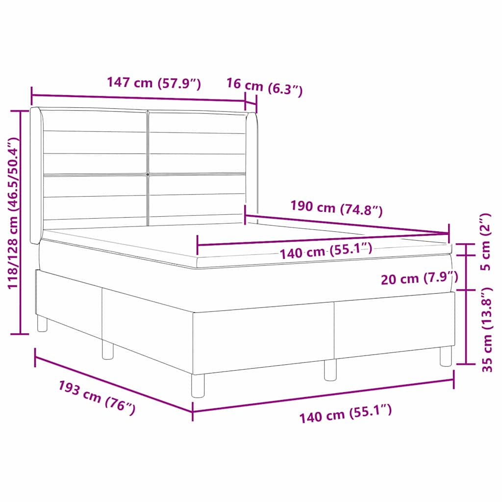 LED Box Spring Krevet s madracem Krema 140 x 190 cm tkanina