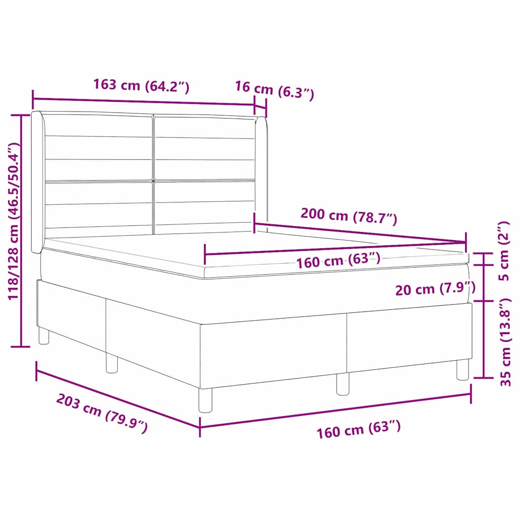 LED Box Spring Krevet s madracem Crna 160 x 200 cm tkanina
