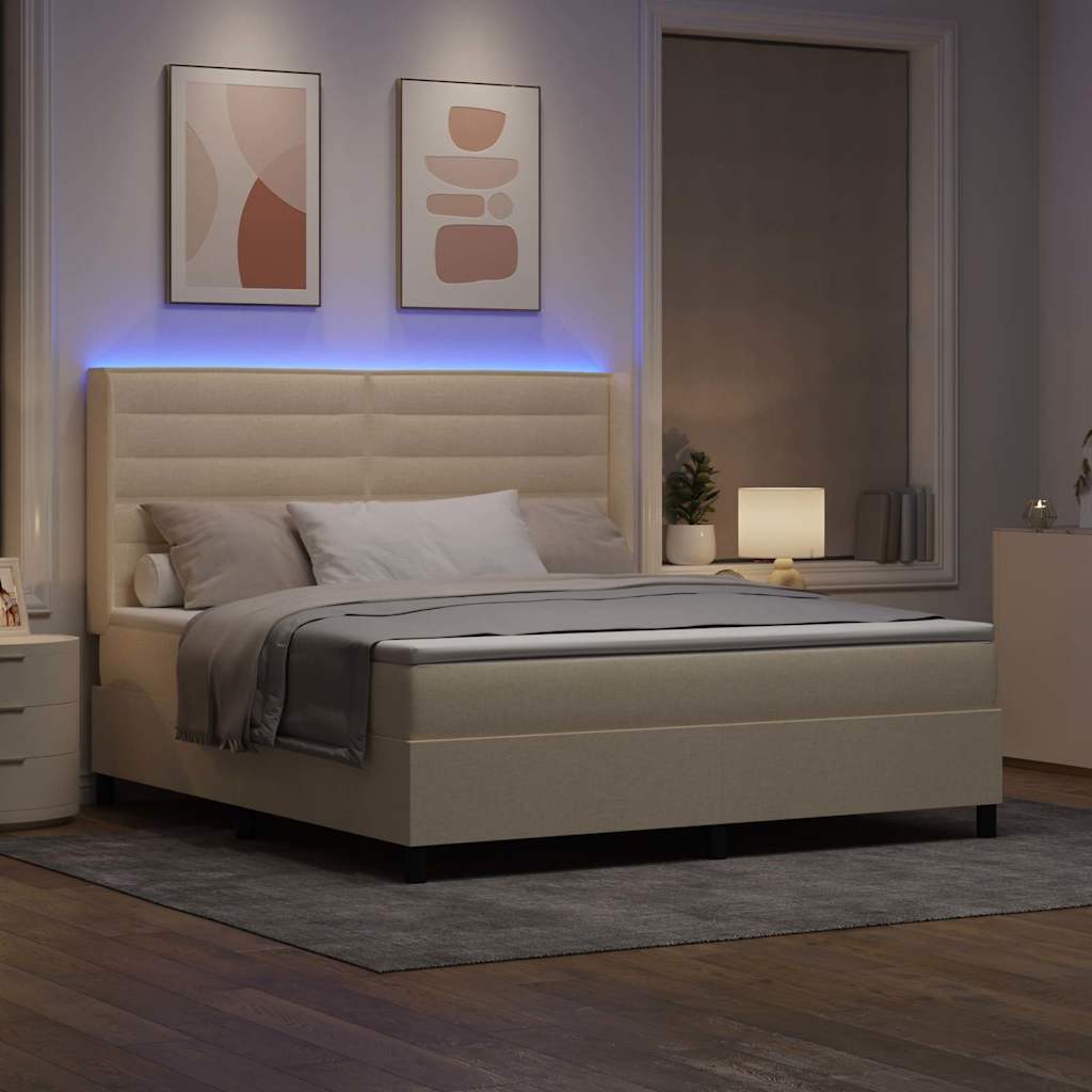 LED Box Spring Krevet s madracem Krema 180 x 200 cm tkanina