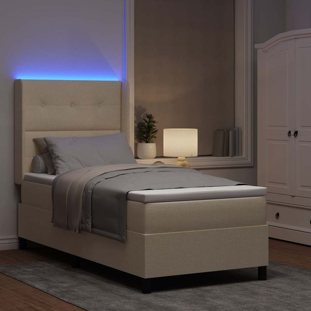 LED Box Spring Krevet s madracem Krema 100 x 200 cm tkanina
