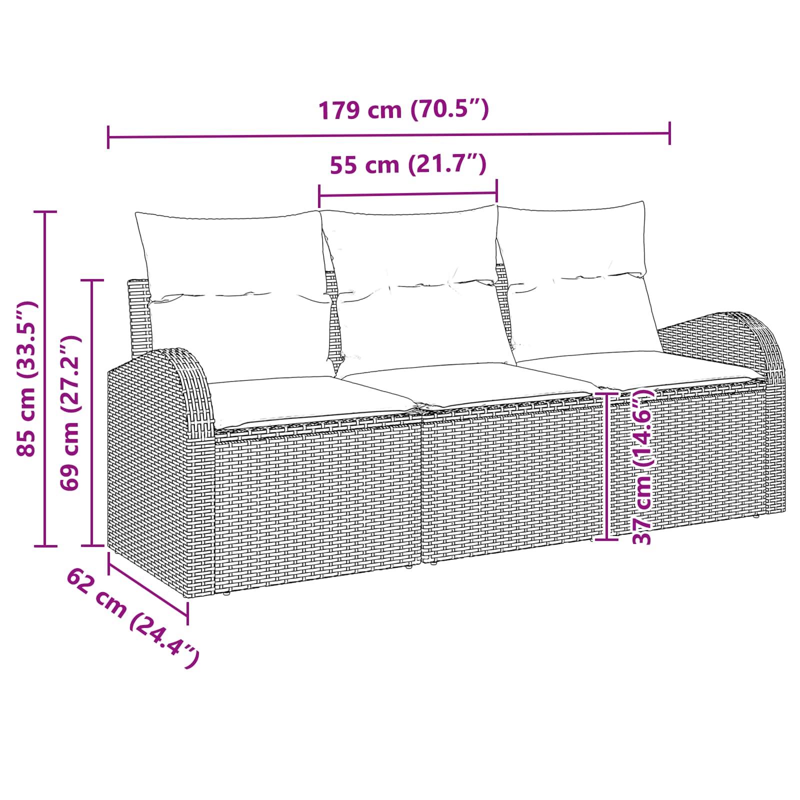 Sjedeća garnitura za vrt 3 pcs Smeđe-crvena Poli ratan