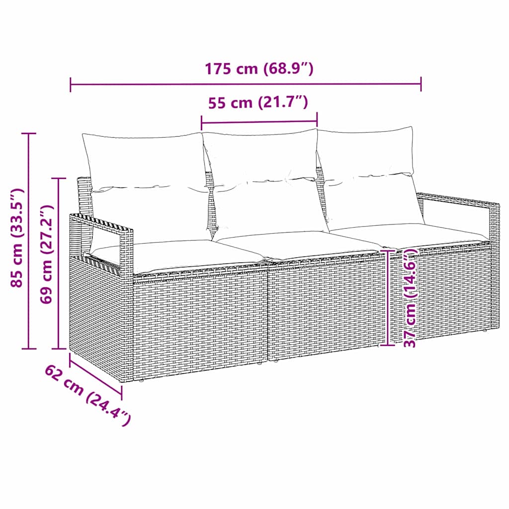 Sjedeća garnitura za vrt s jastukom 3 pcs Crna poliratan