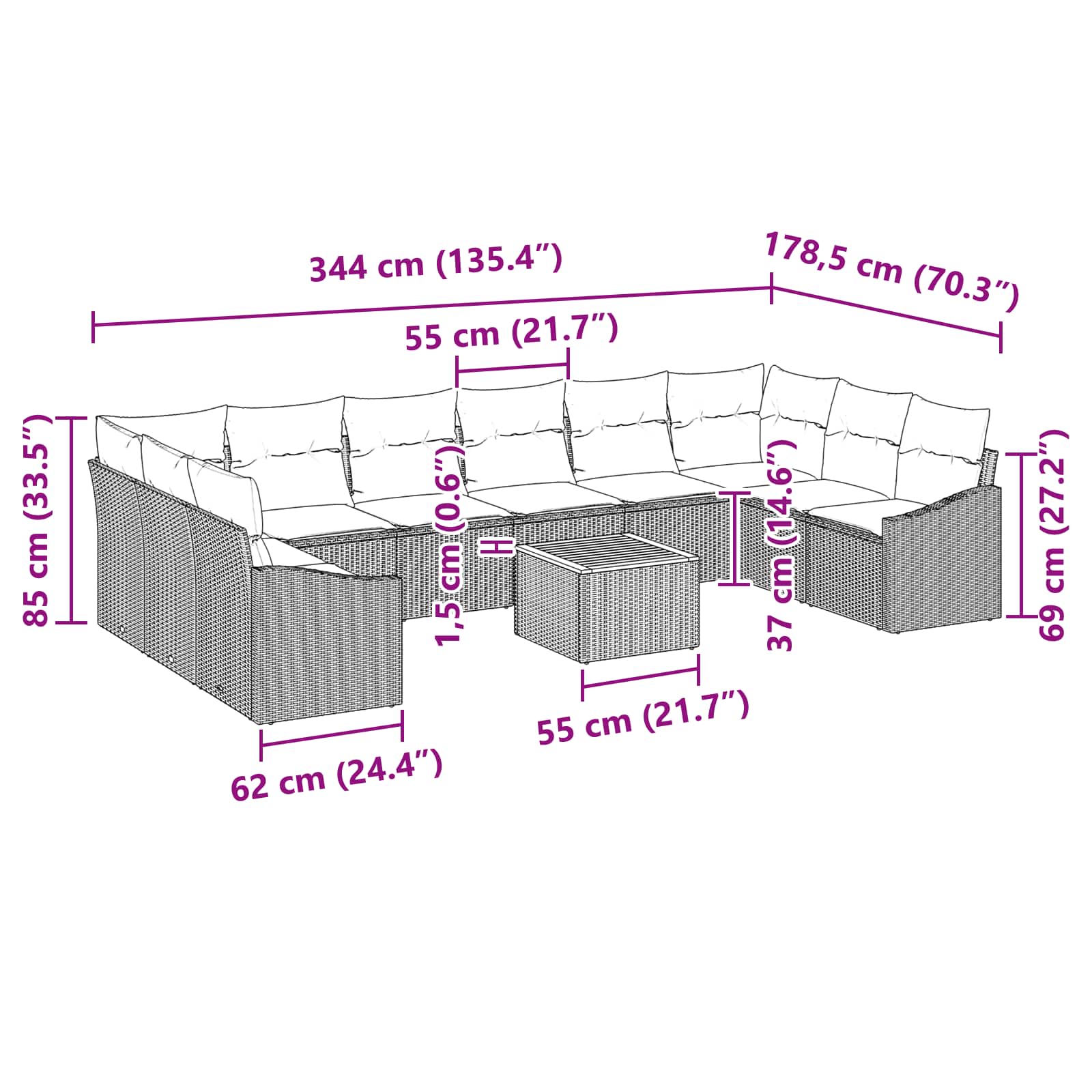 Sjedeća garnitura za vrt 11 pcs Siva i tamnoplava