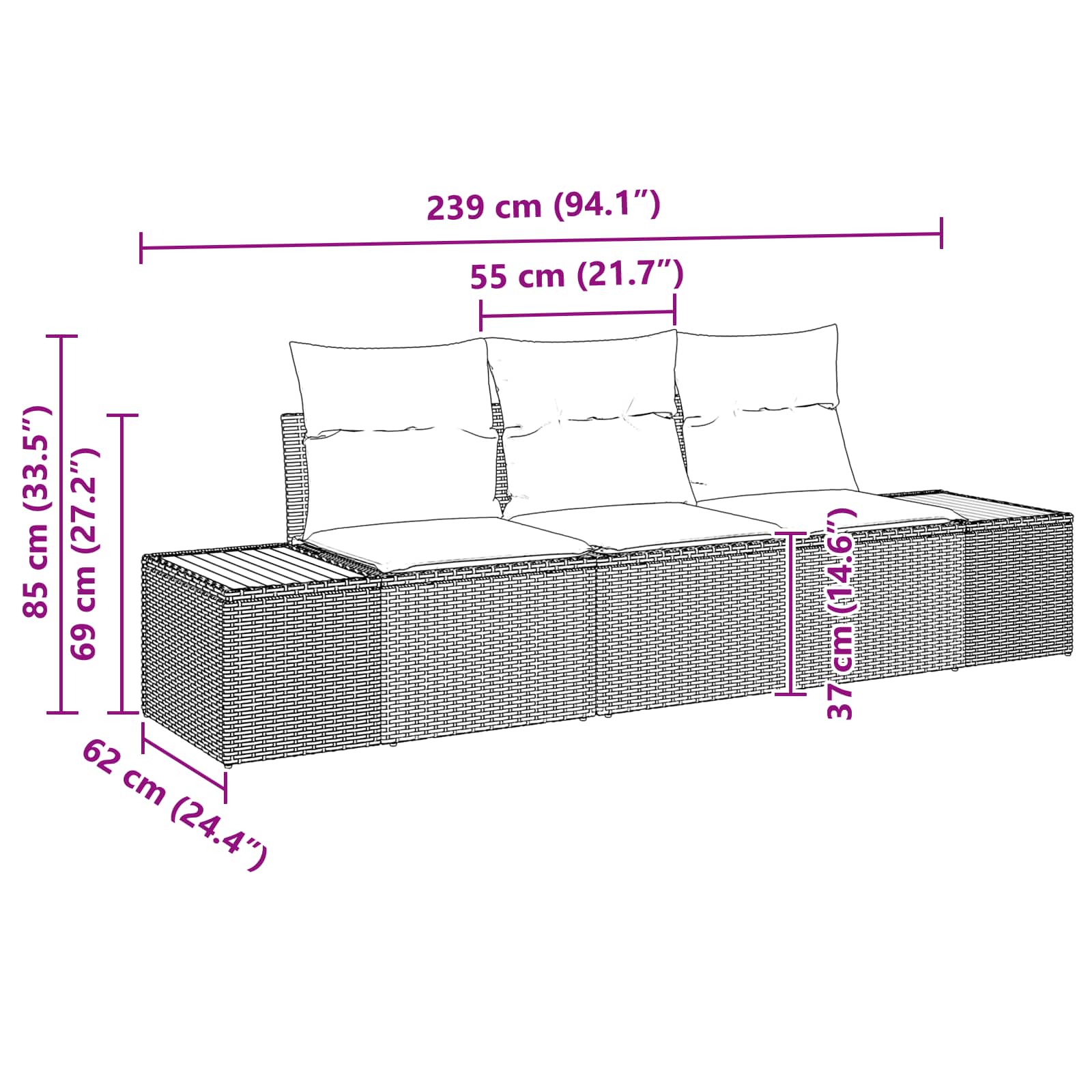 Sjedeća garnitura za vrt s pohranom 3 pcs Crna Poli ratan