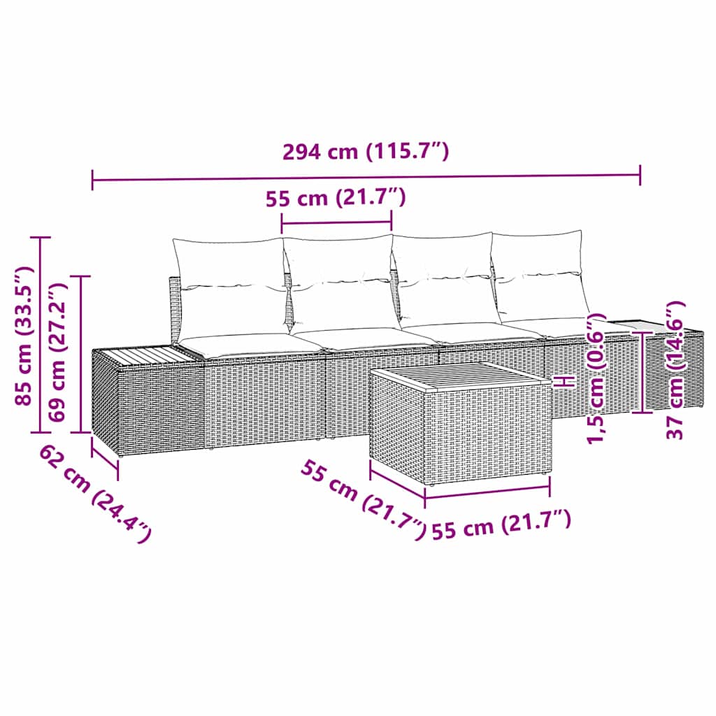 Sjedeća garnitura za vrt s jastukom 5 pcs Crna Poli ratan
