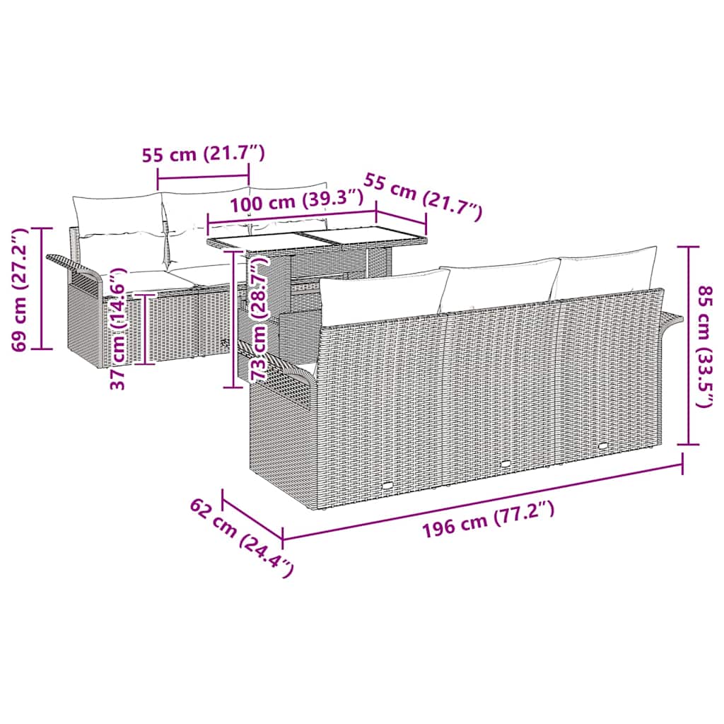 Sjedeća garnitura za vrt 7 pcs Svijetlo siva Poli Ratan