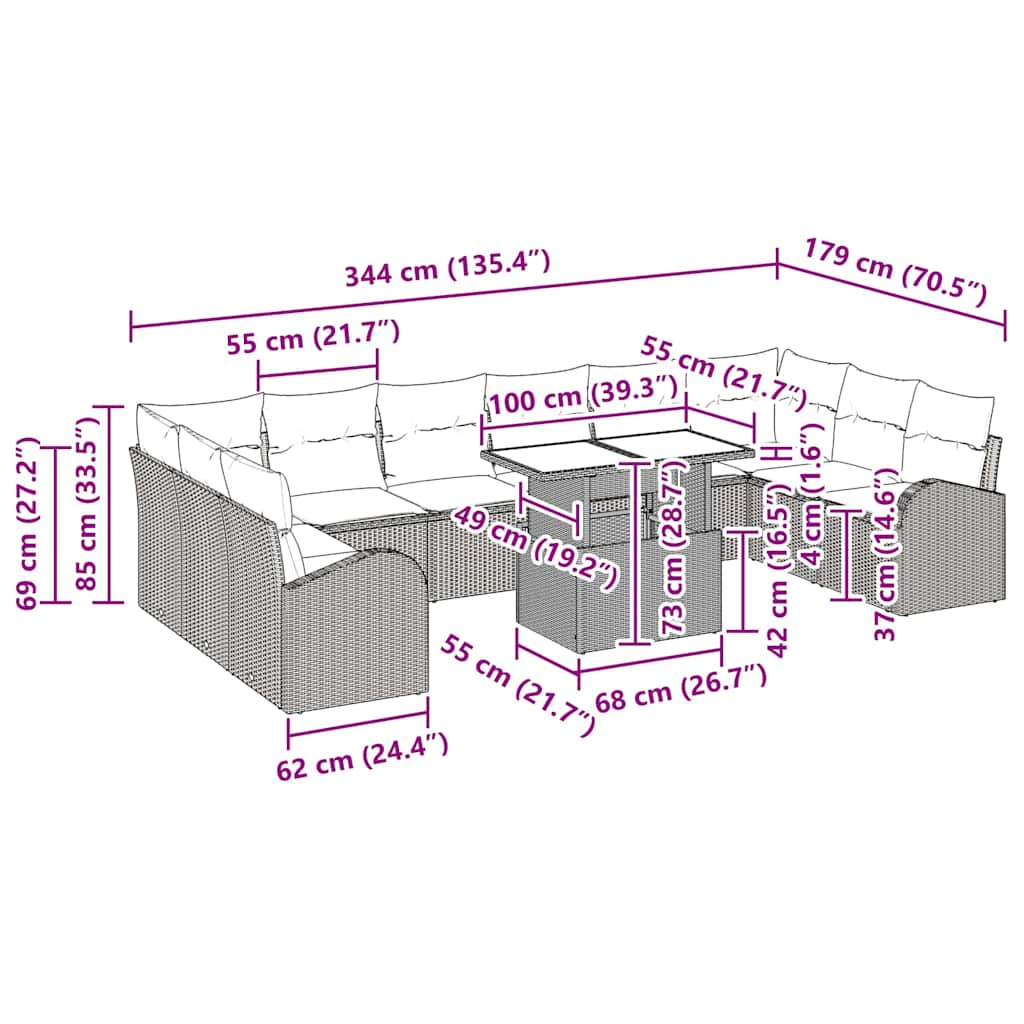 Sjedeća garnitura za vrt s jastukom 11 pcs Siva Poli ratan