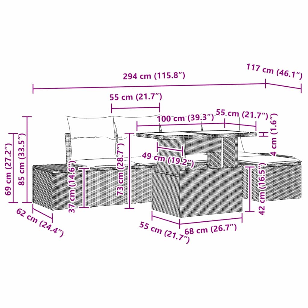 Sjedeća garnitura za vrt s pohranom 6 pcs Crna Poli ratan