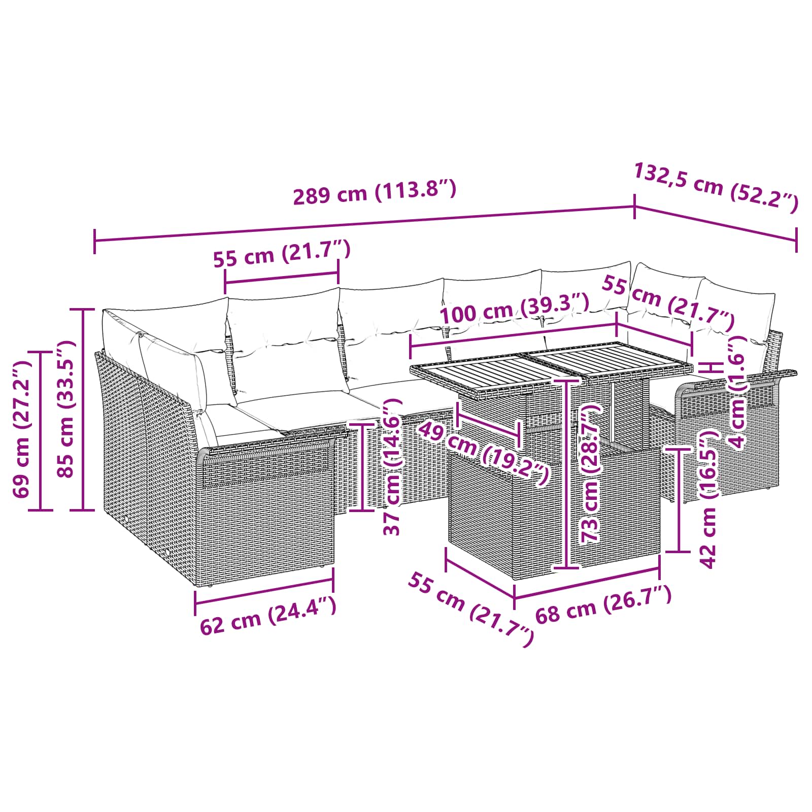 Sjedeća garnitura za vrt s pohranom 8 pcs Crna Poli ratan
