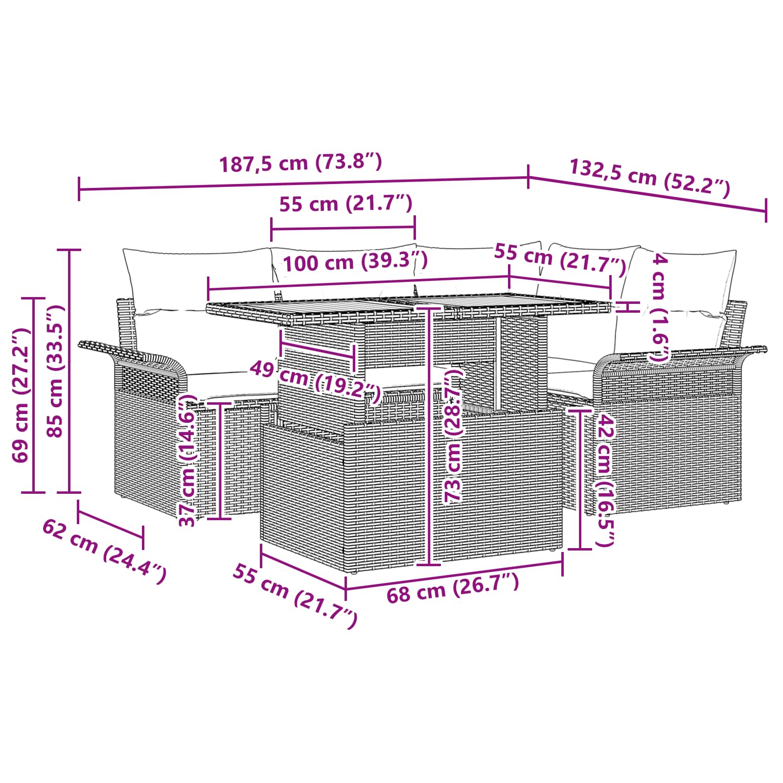 Sjedeća garnitura za vrt s pohranom 5 pcs Crna Poli ratan