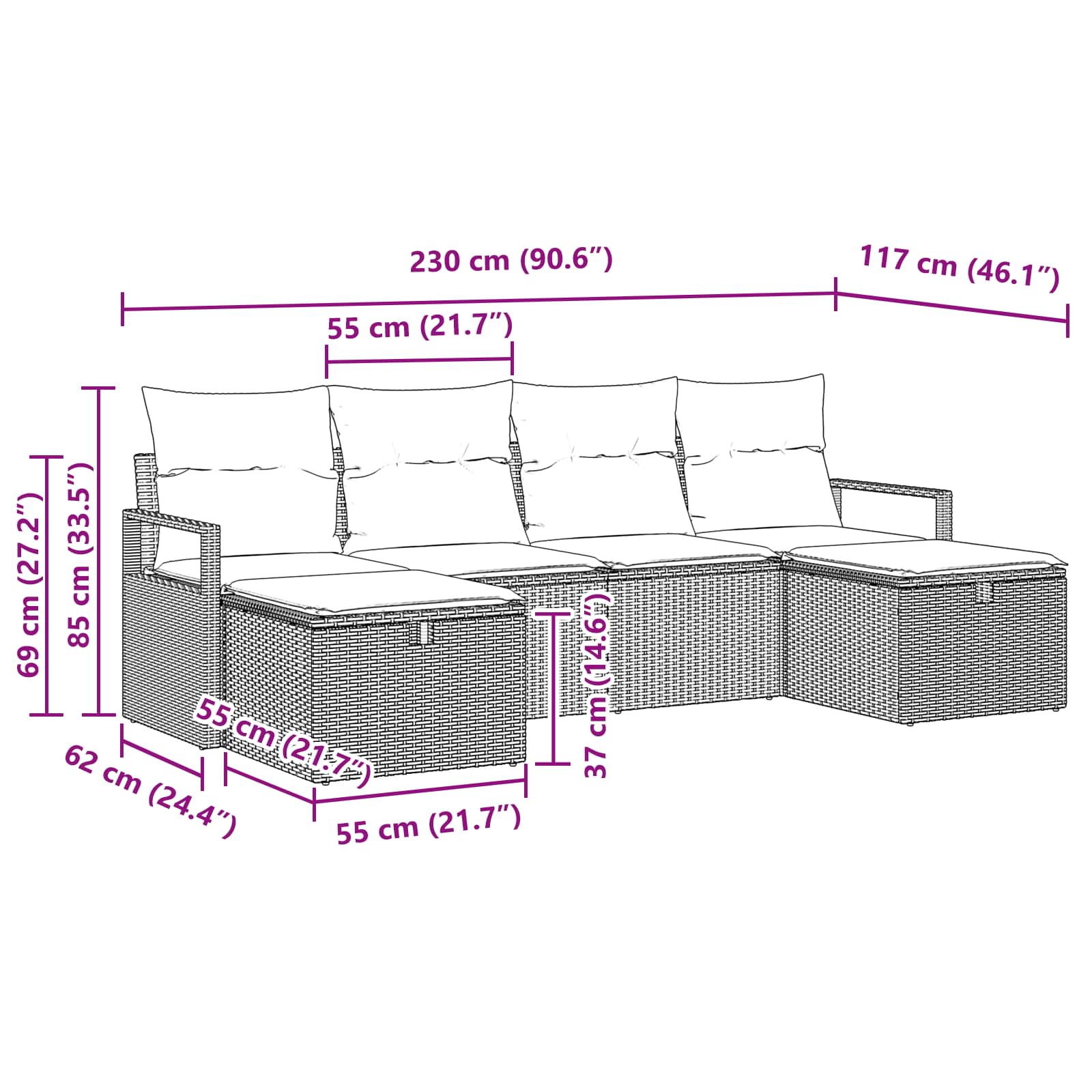 Set sofe s jastukom s pohranom 6 pcs Crna i Tirkizna poliratan