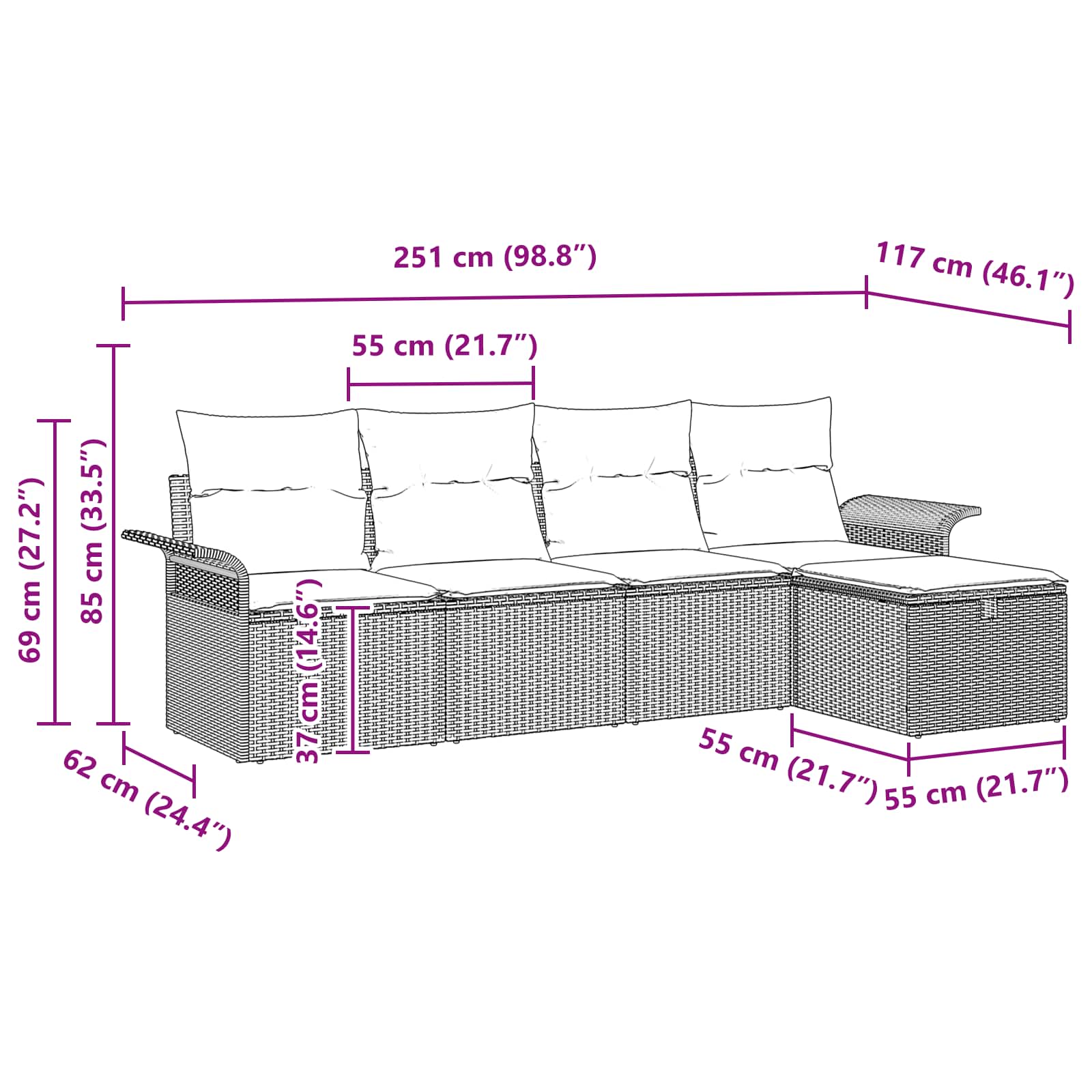 Sjedeća garnitura za vrt s jastukom s pohranom 5 pcs Poli ratan