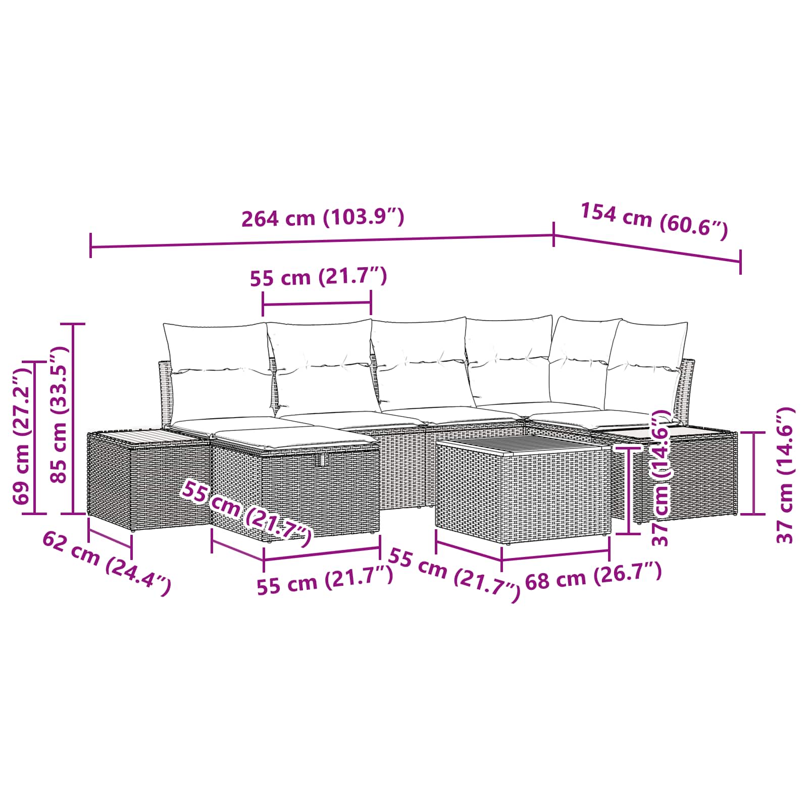 Sjedeća garnitura za vrt 7 pcs Crna 55 x 62 x 69 cm Poli ratan
