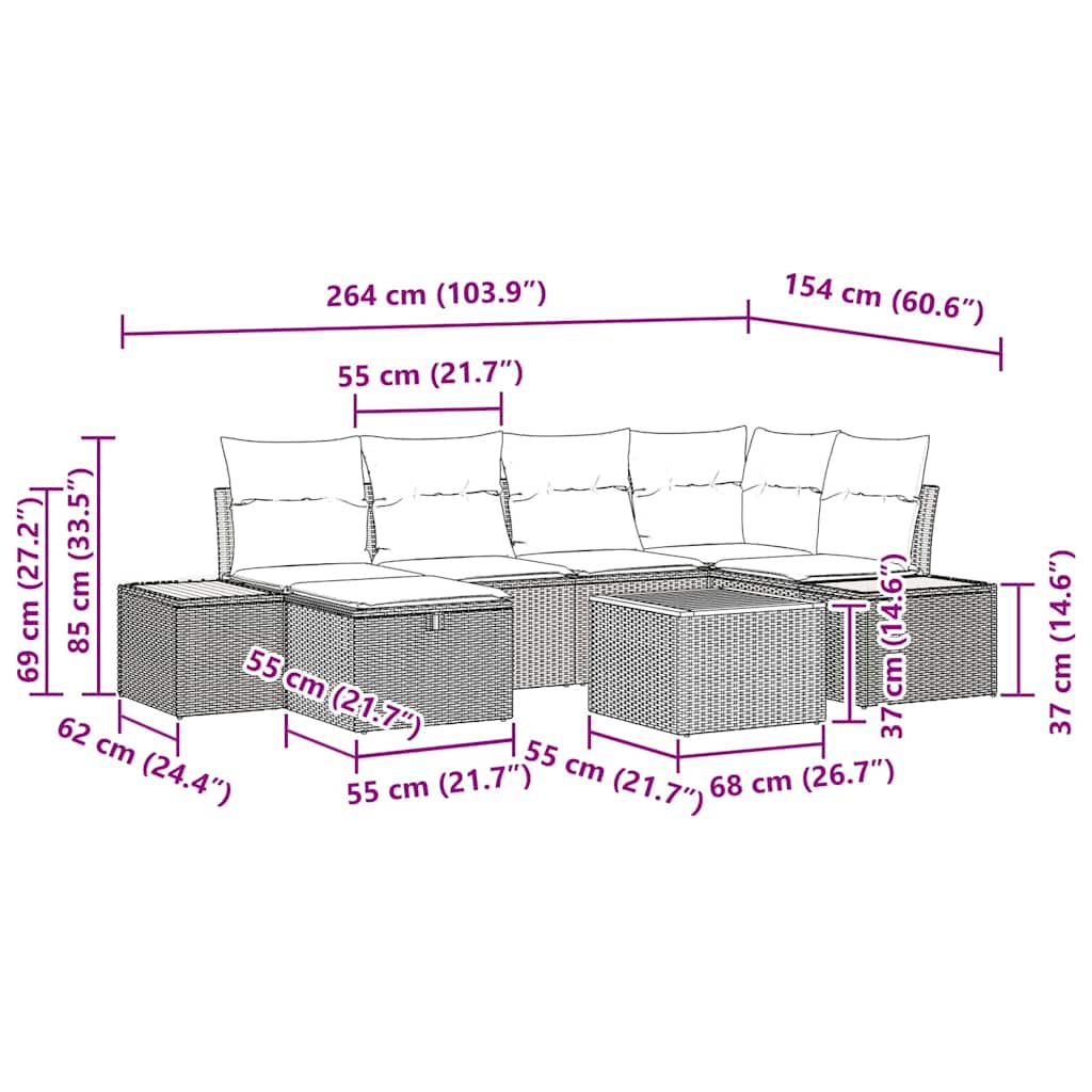 Sjedeća garnitura za vrt 7 pcs Siva 55 x 62 x 69 cm Poli ratan