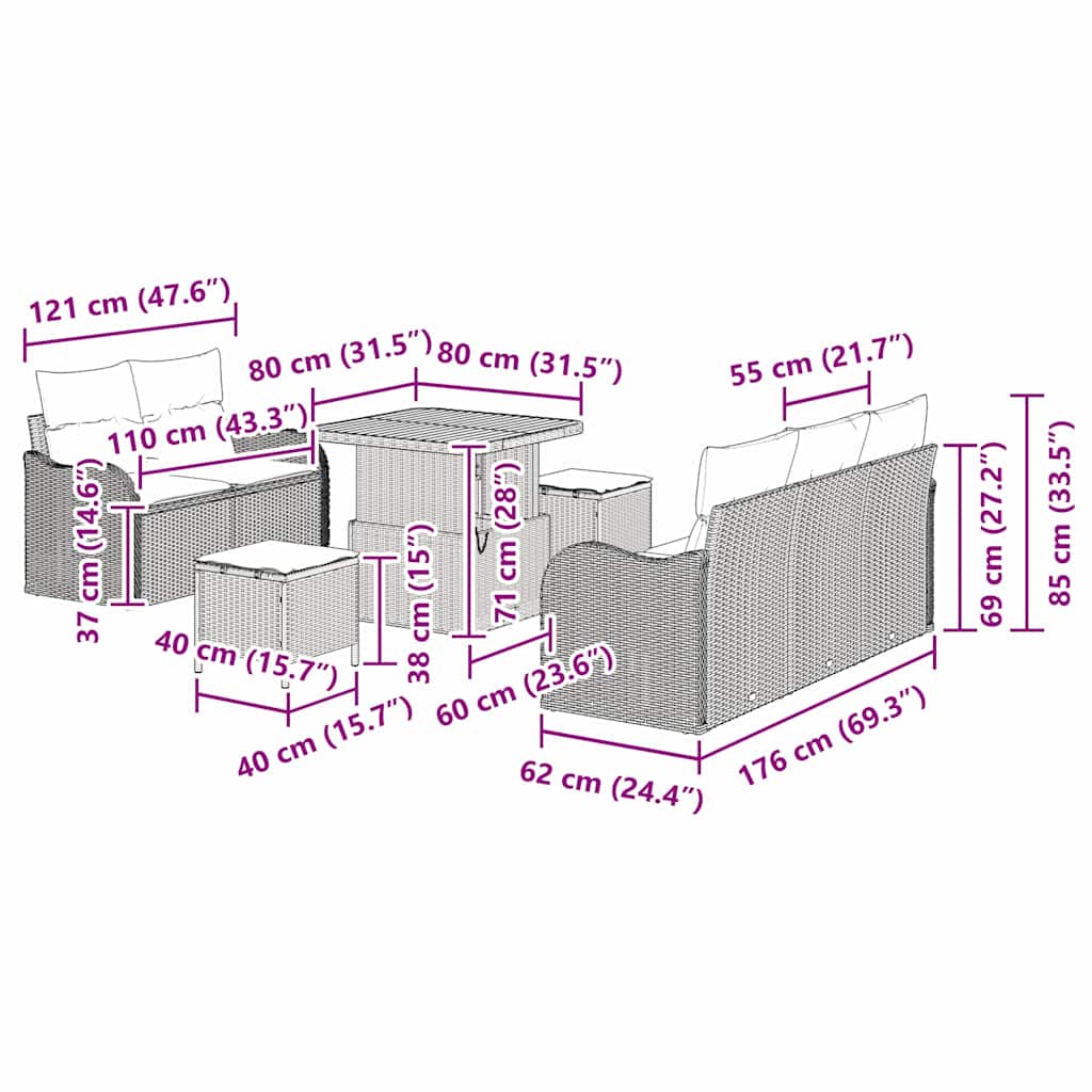 Sjedeća garnitura za vrt s jastukom s pohranom 8 pcs Crna
