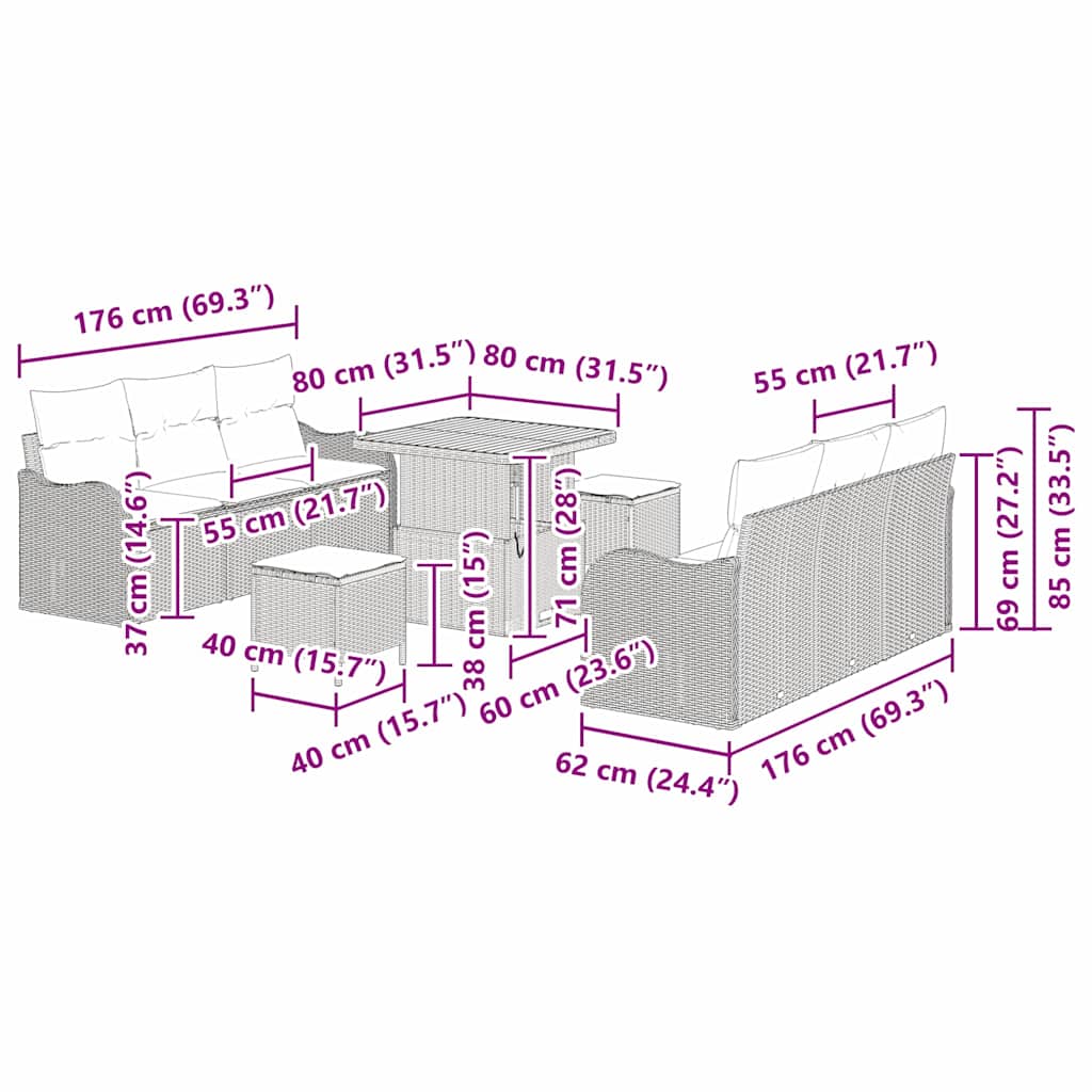 Sjedeća garnitura za vrt s jastukom s pohranom 9 pcs Crna